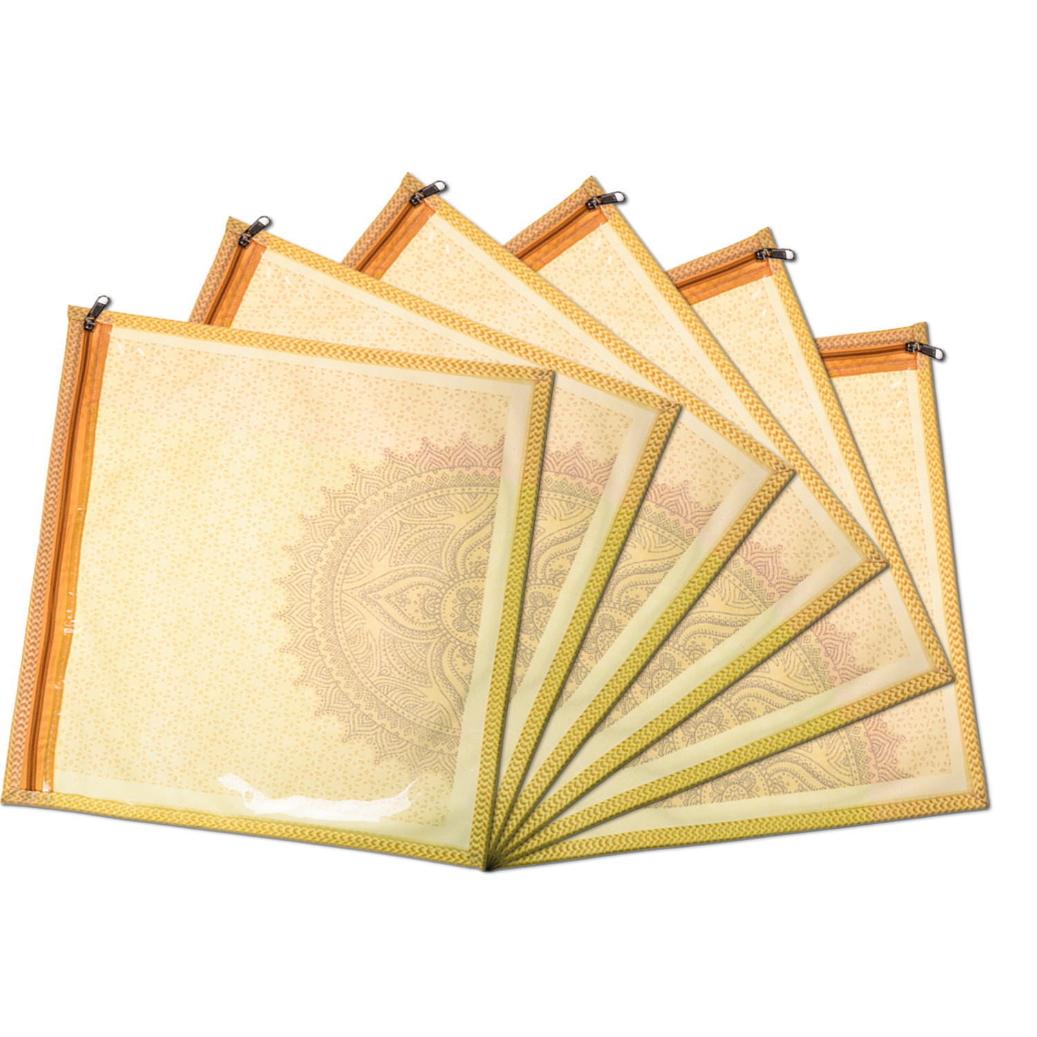 Kuber Industries Single Packing Saree Cover|Non-Woven Rangoli Print Storage Cover|Foldable Transparent Top Wardrobe Storage Bag (Cream)