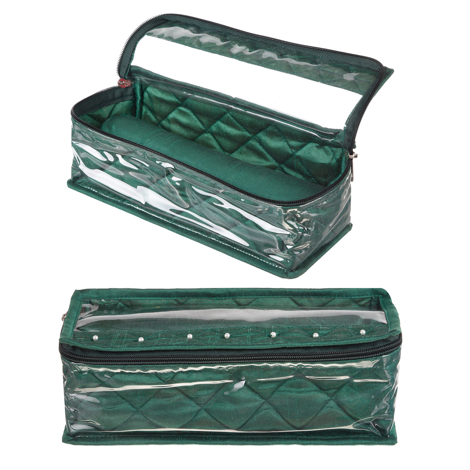 Kuber Industries Single Rod Bangle Box | Dupin Silk Fabric Transparent Top Chudi Organizer | Travelling Bracelets Organizer for Woman with Beads | Green