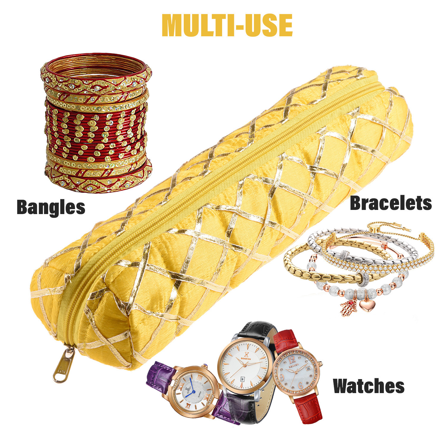 Kuber Industries Single Rod Bangle Box | Polyester Gota Check Design Watch Organizer | Travelling Bracelets Organizer with Zipper | Yellow