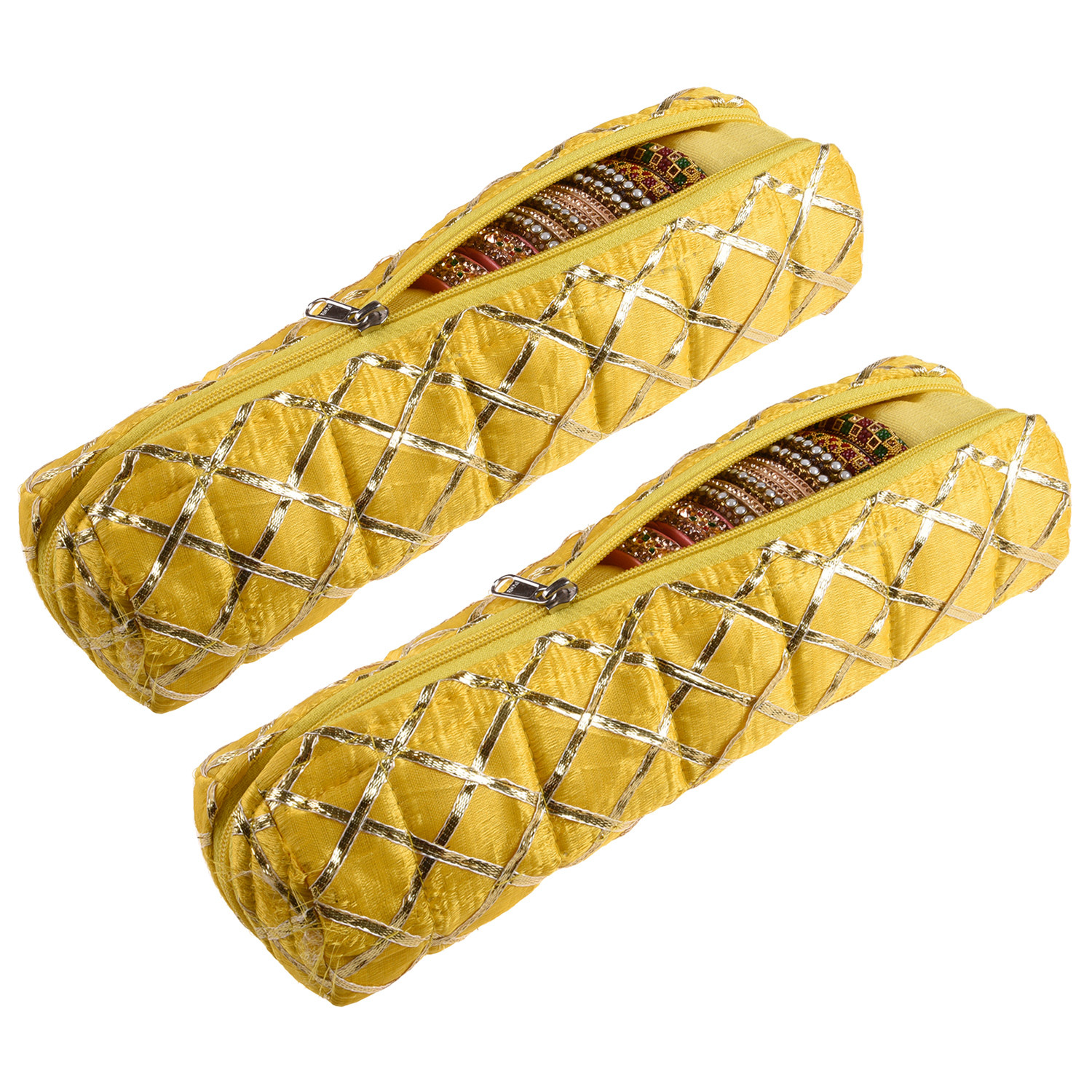 Kuber Industries Single Rod Bangle Box | Polyester Gota Check Design Watch Organizer | Travelling Bracelets Organizer with Zipper | Yellow