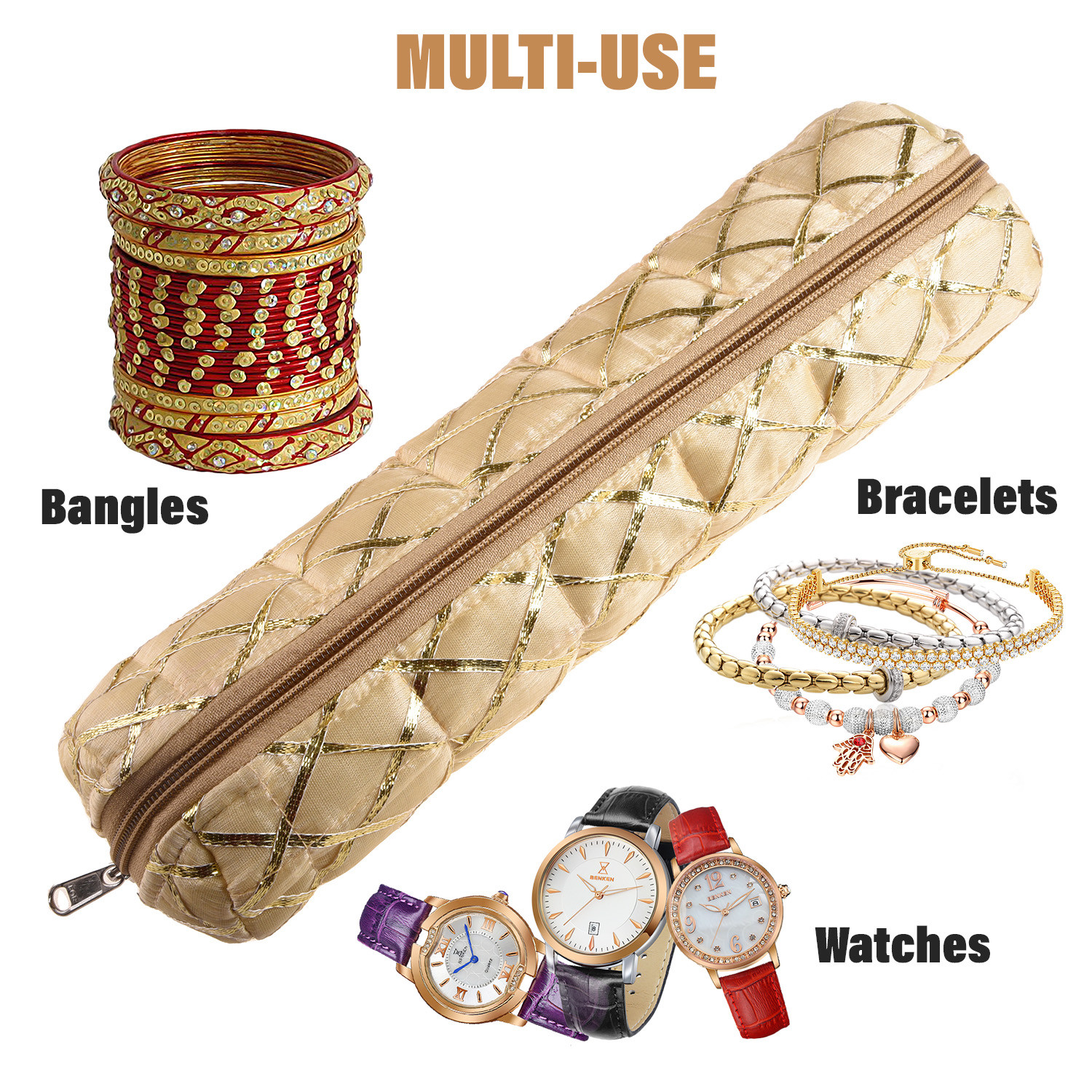 Kuber Industries Single Rod Bangle Box | Polyester Gota Check Design Watch Organizer | Travelling Bracelets Organizer with Zipper | Cream