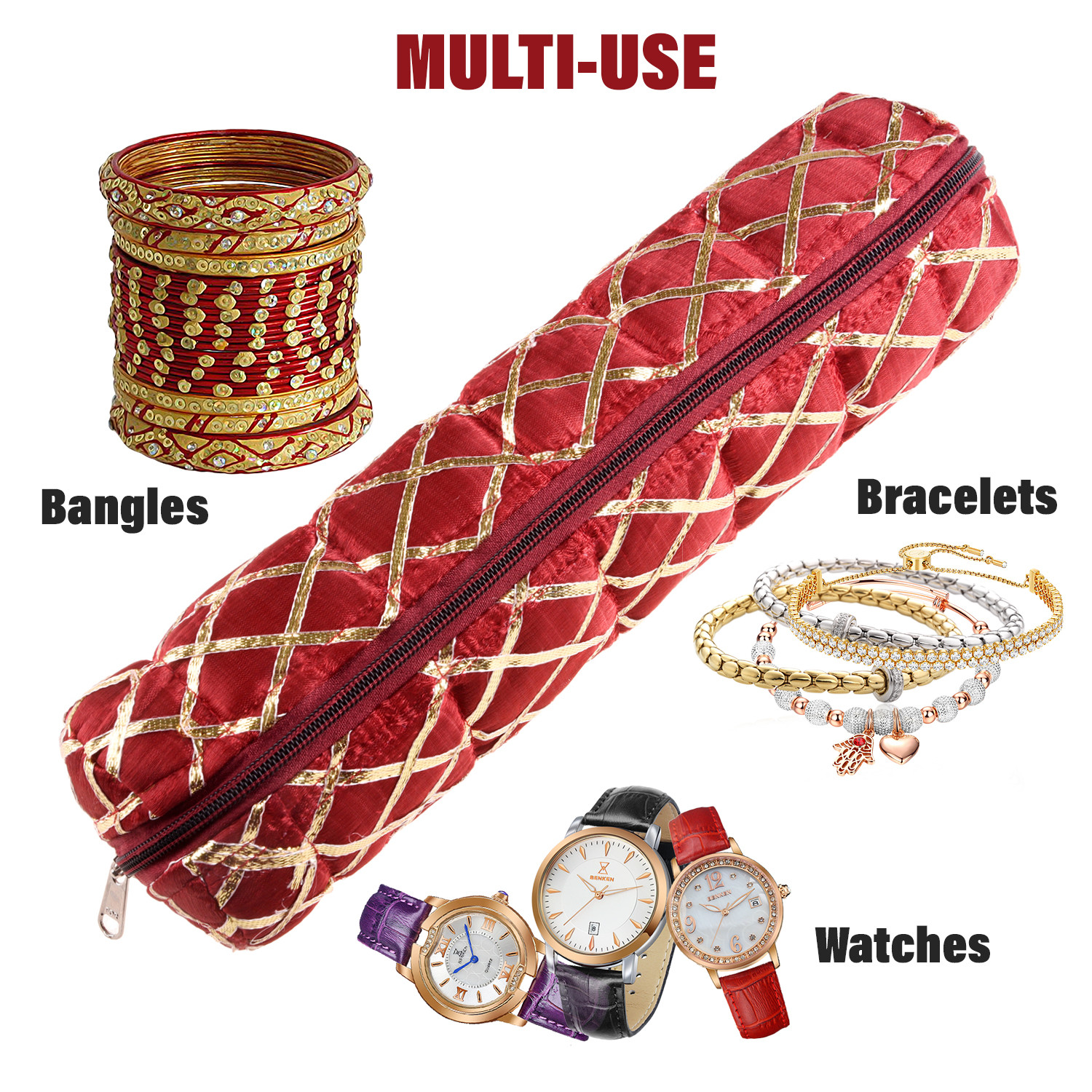 Kuber Industries Single Rod Bangle Box | Polyester Gota Check Design Watch Organizer | Travelling Bracelets Organizer with Zipper | Maroon