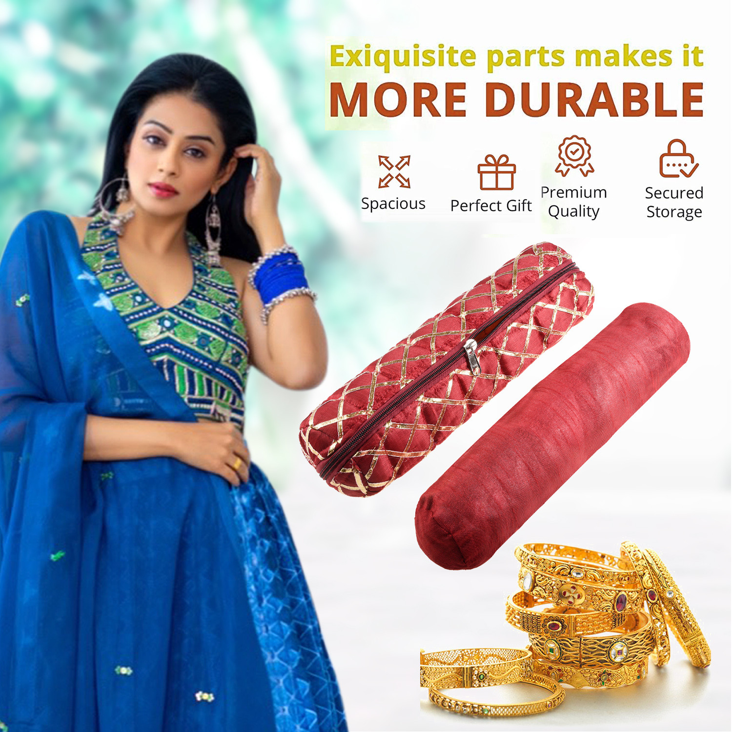Kuber Industries Single Rod Bangle Box | Polyester Gota Check Design Watch Organizer | Travelling Bracelets Organizer with Zipper | Maroon