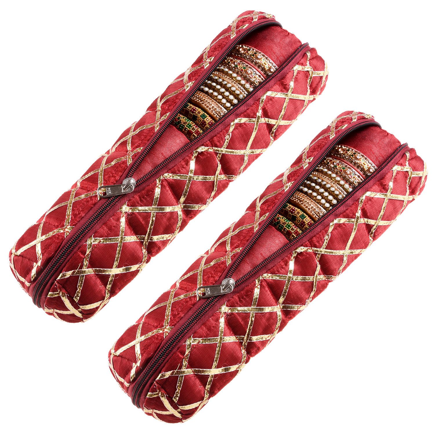 Kuber Industries Single Rod Bangle Box | Polyester Gota Check Design Watch Organizer | Travelling Bracelets Organizer with Zipper | Maroon