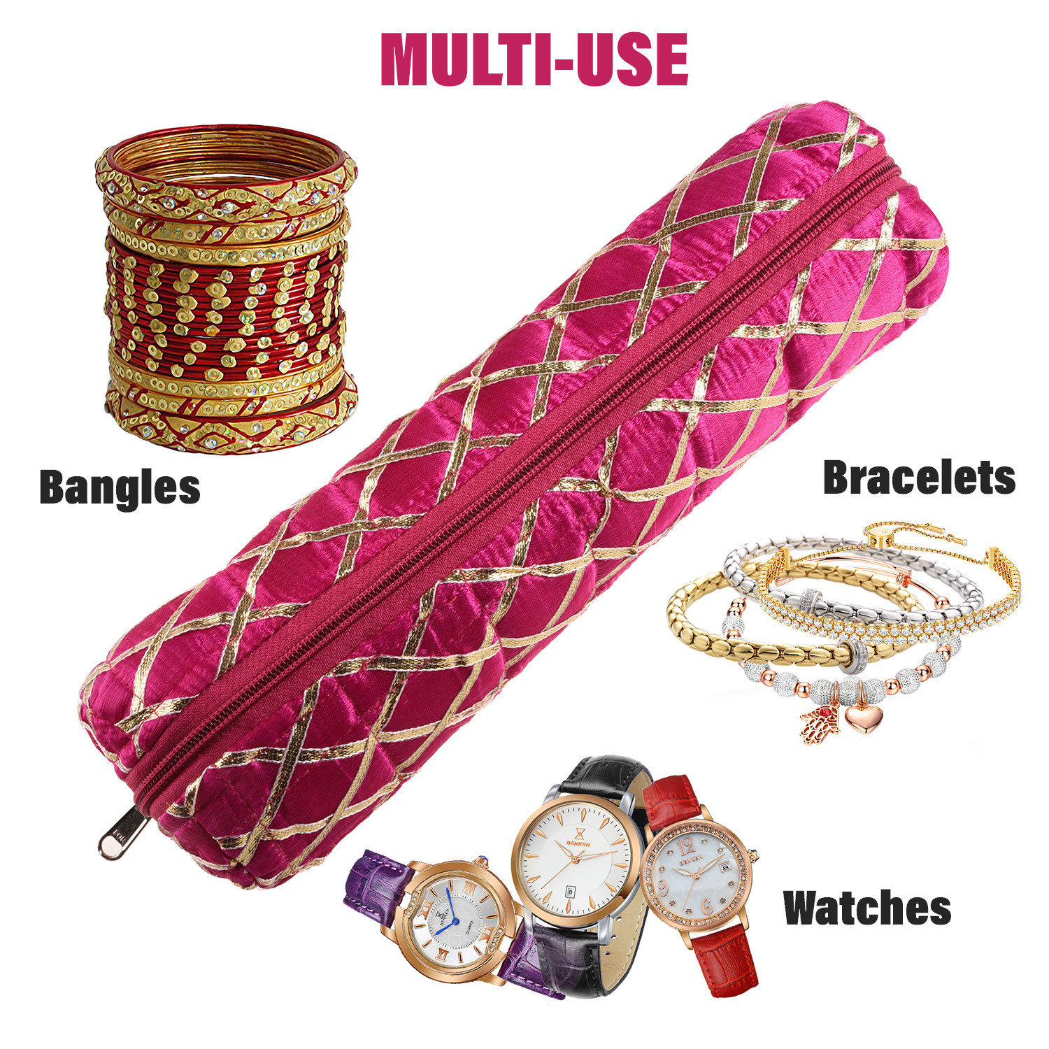 Kuber Industries Single Rod Bangle Box | Polyester Gota Check Design Watch Organizer | Travelling Bracelets Organizer with Zipper | Pink