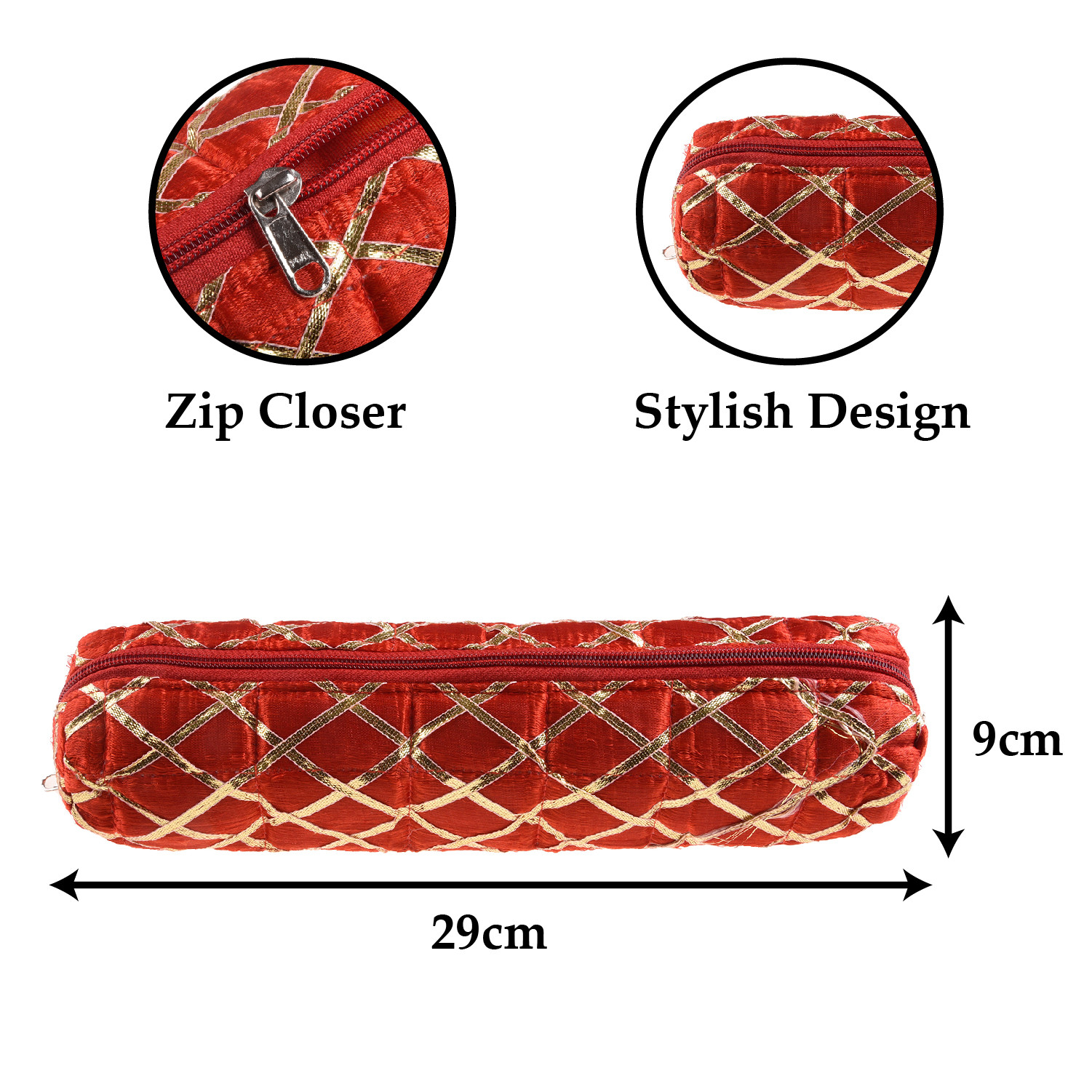 Kuber Industries Single Rod Bangle Box | Polyester Gota Check Design Watch Organizer | Travelling Bracelets Organizer with Zipper | Red