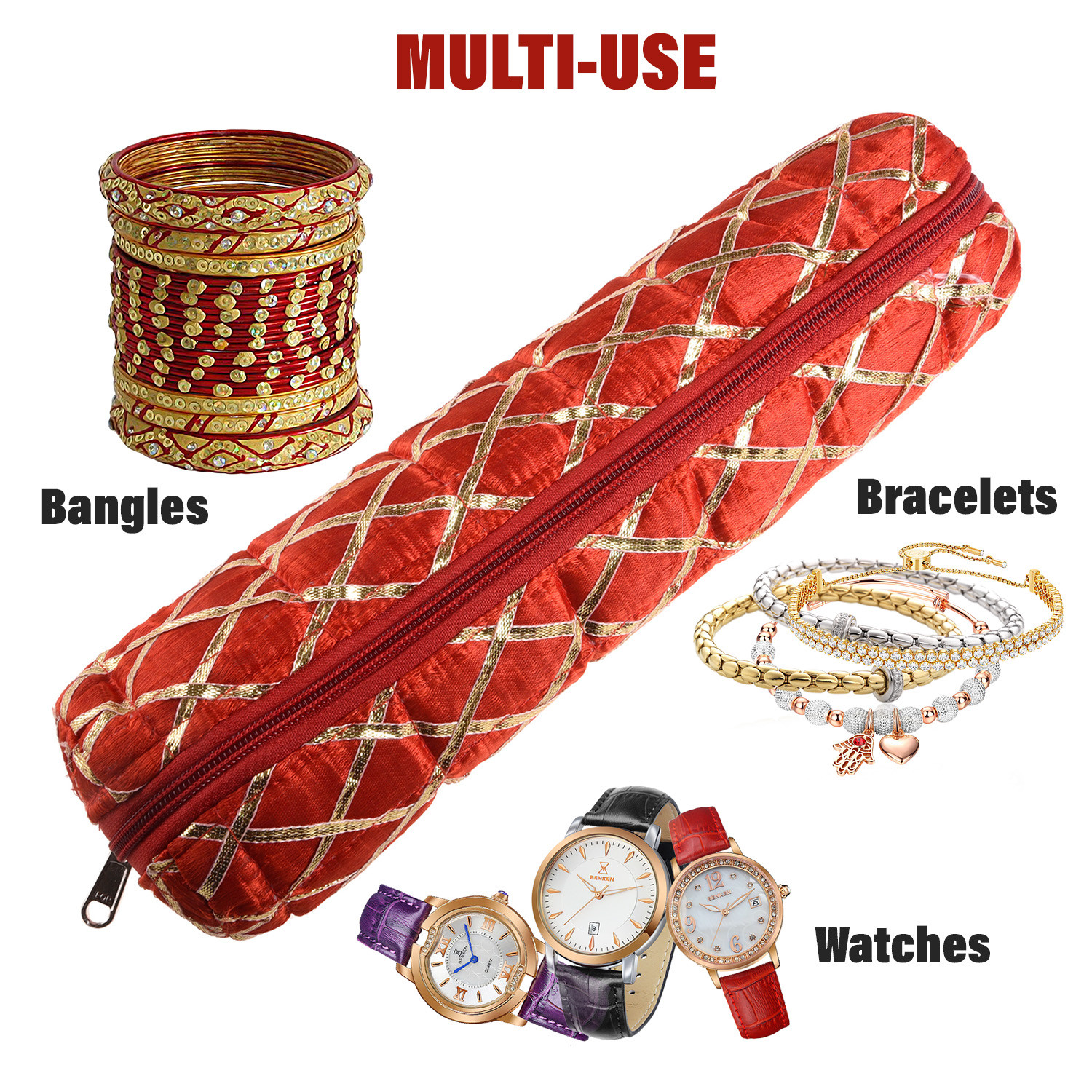 Kuber Industries Single Rod Bangle Box | Polyester Gota Check Design Watch Organizer | Travelling Bracelets Organizer with Zipper | Red