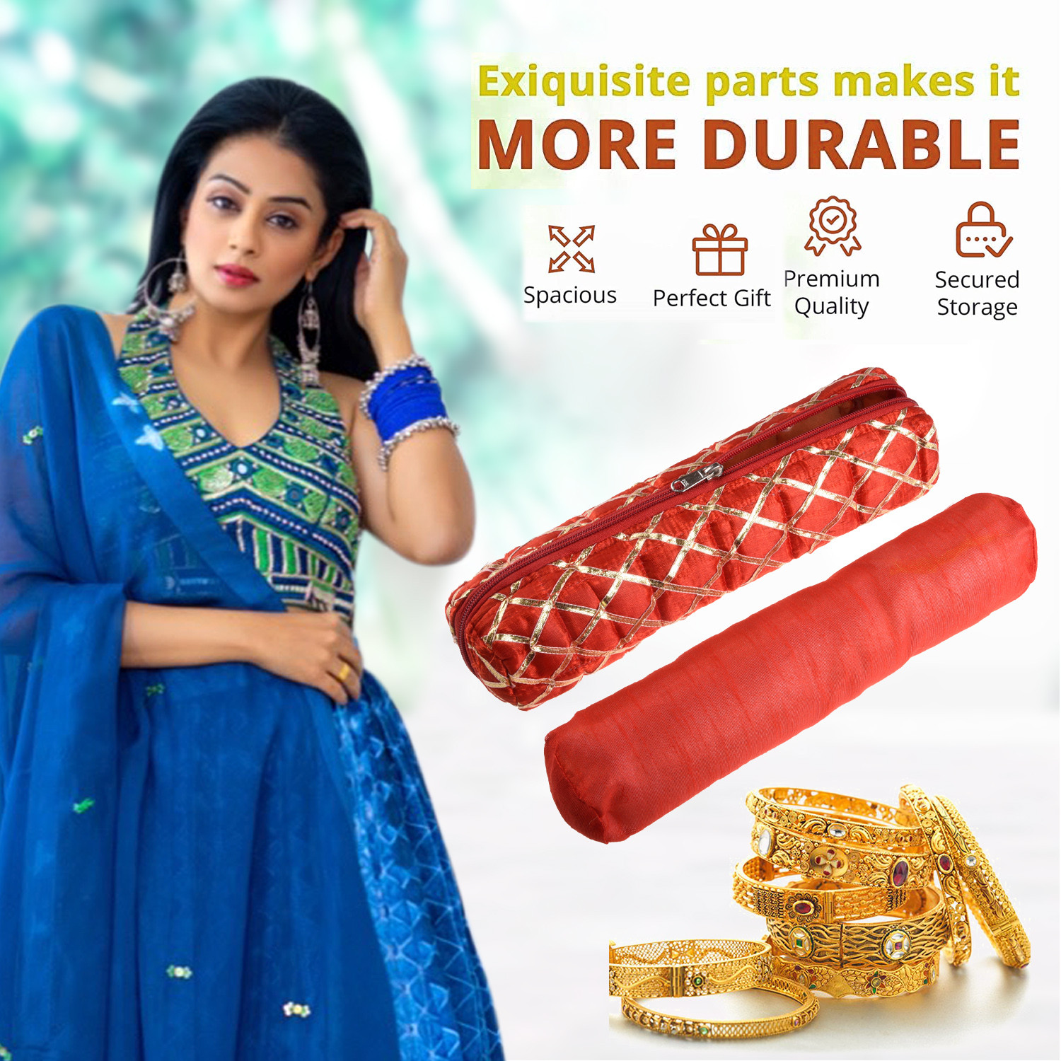 Kuber Industries Single Rod Bangle Box | Polyester Gota Check Design Watch Organizer | Travelling Bracelets Organizer with Zipper | Red