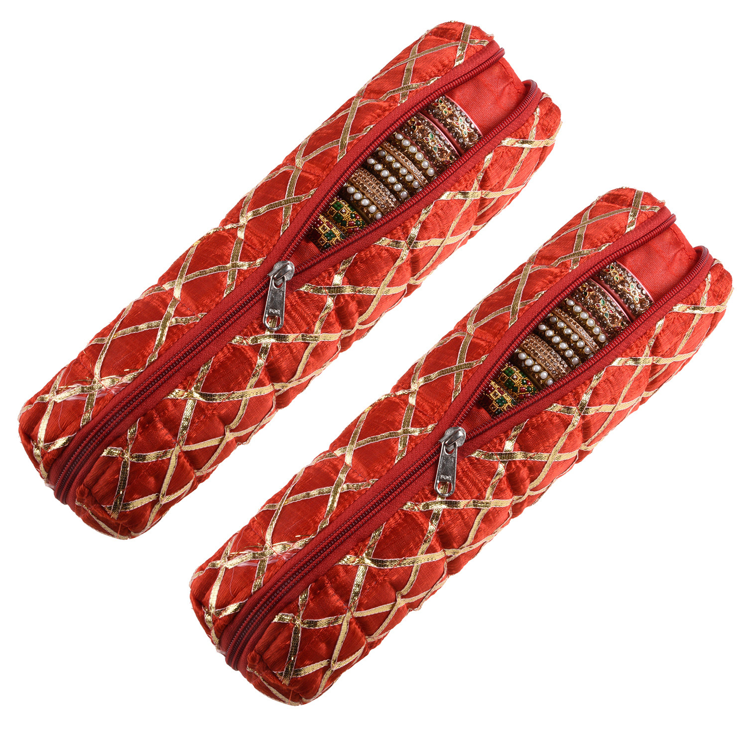Kuber Industries Single Rod Bangle Box | Polyester Gota Check Design Watch Organizer | Travelling Bracelets Organizer with Zipper | Red