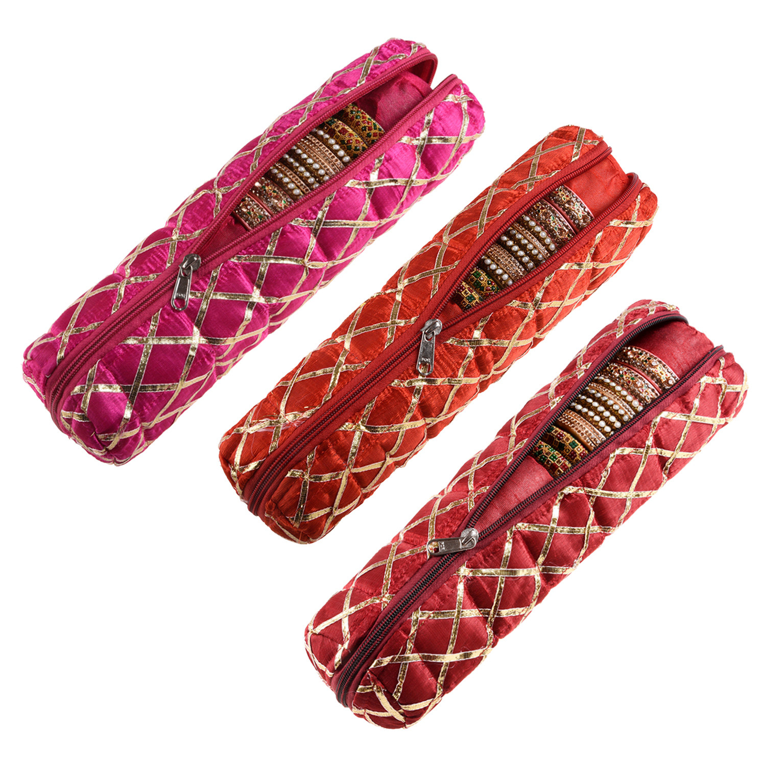 Kuber Industries Single Rod Bangle Box | Polyester Gota Check Design Watch Organizer | Travelling Bracelets Organizer with Zipper | Pack of 3 | Multicolor