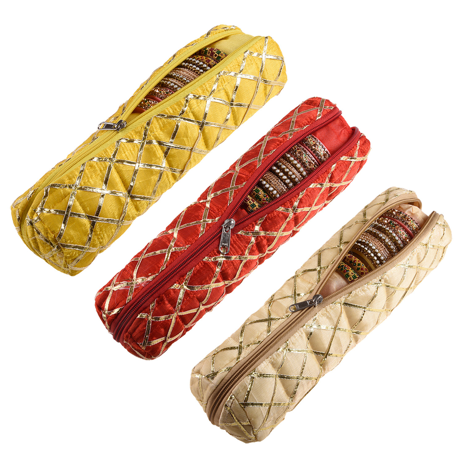 Kuber Industries Single Rod Bangle Box | Polyester Gota Check Design Watch Organizer | Travelling Bracelets Organizer with Zipper | Pack of 3 | Multicolor