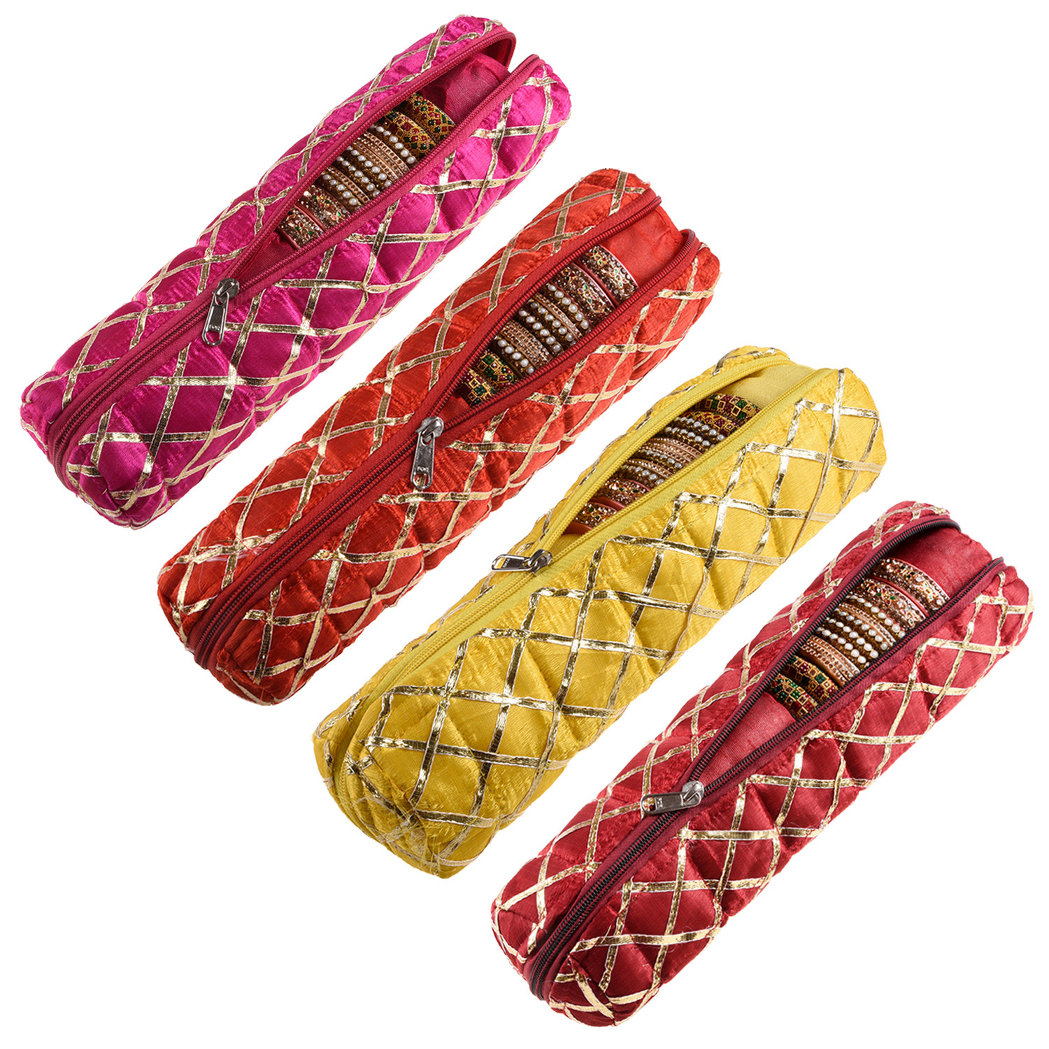 Kuber Industries Single Rod Bangle Box | Polyester Gota Check Design Watch Organizer | Travelling Bracelets Organizer with Zipper | Pack of 4 | Multicolor