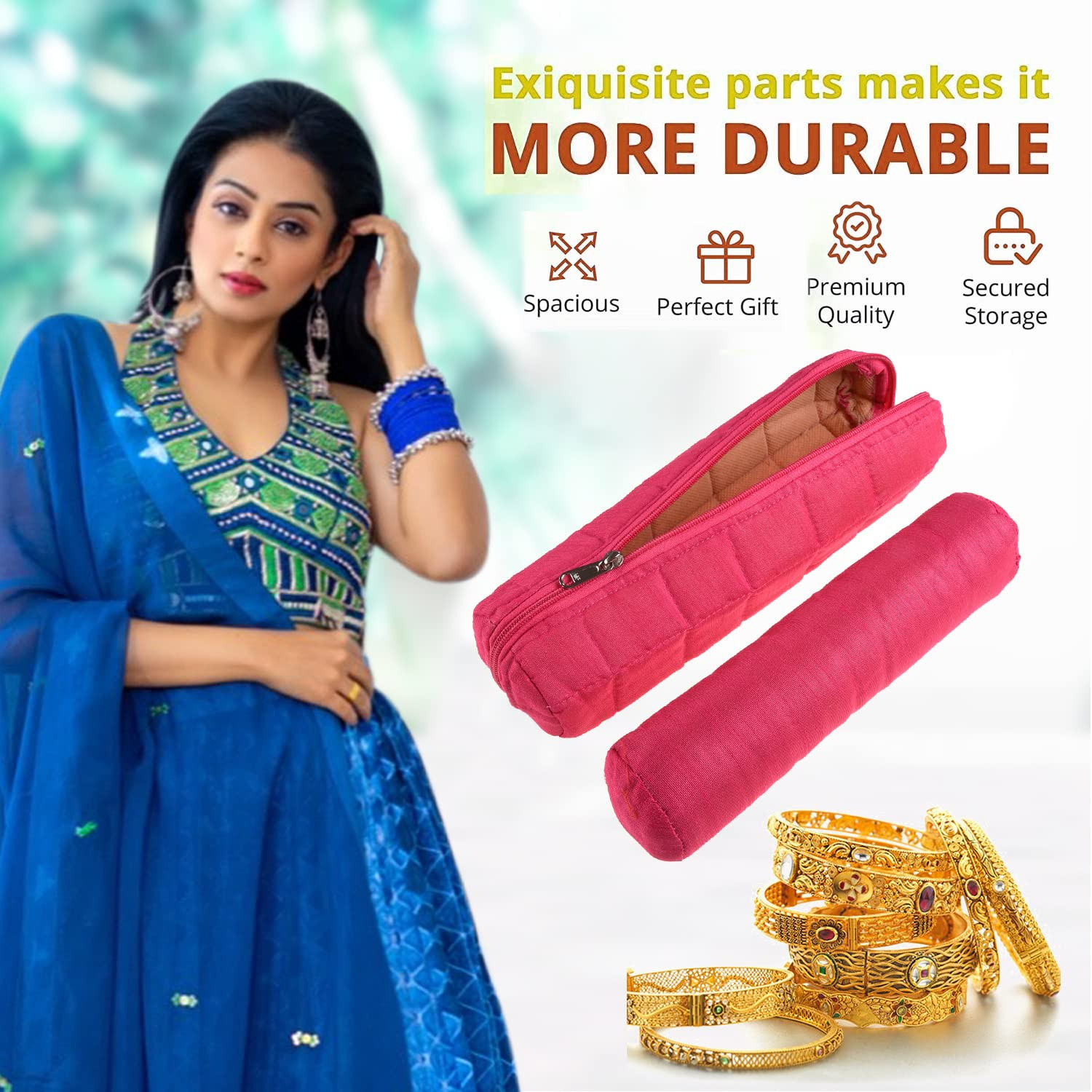 Kuber Industries Single Rod Bangle Box  Polyester Watch Organizer for Small Jewellery  Travelling Bracelets Organizer with Zipper  Pack of 2  Pink