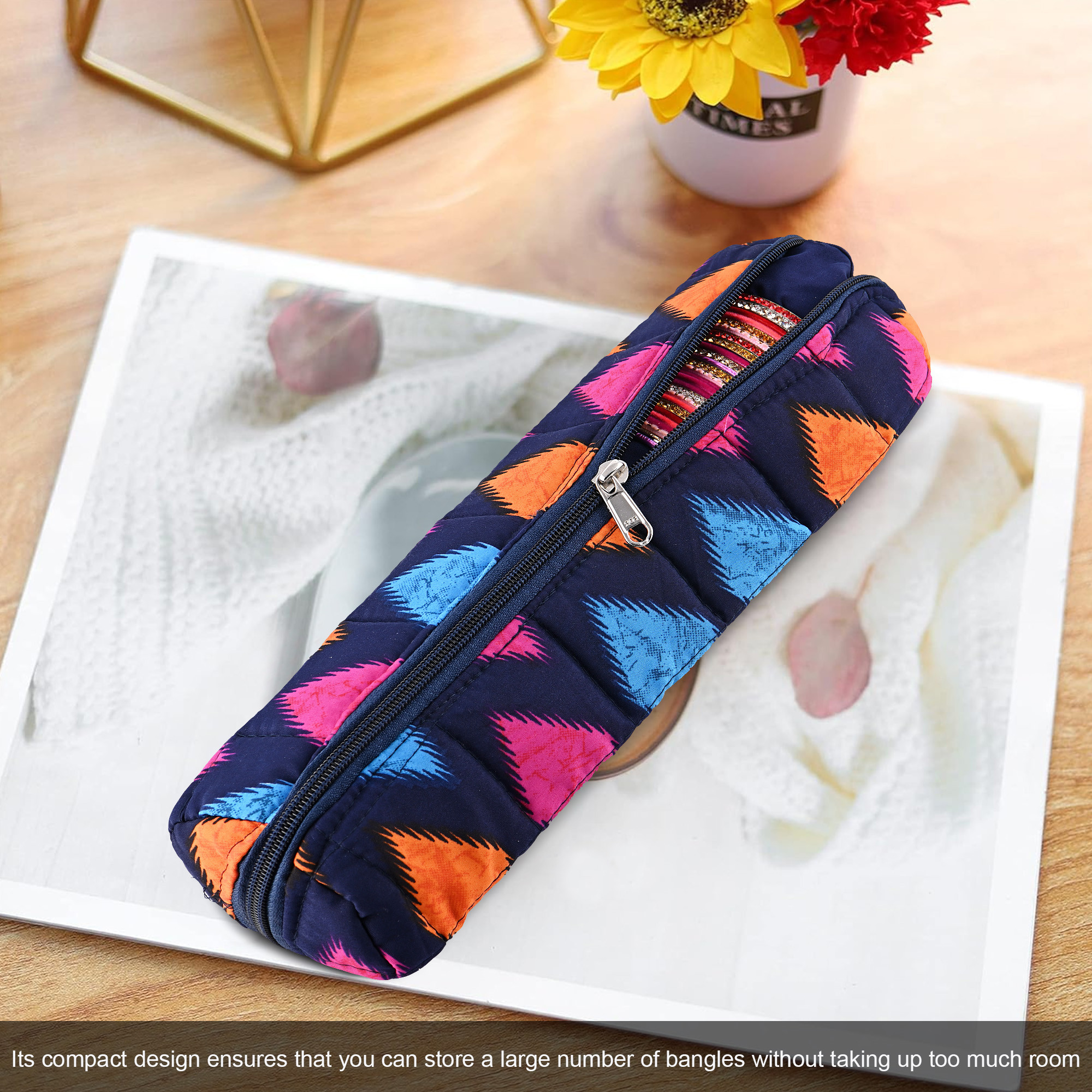 Kuber Industries Single-Rod Bangles Organisers Storage Box  Gold Jewellery Pouch  BraceletChudi Case Holder for Women  Printed - Blue