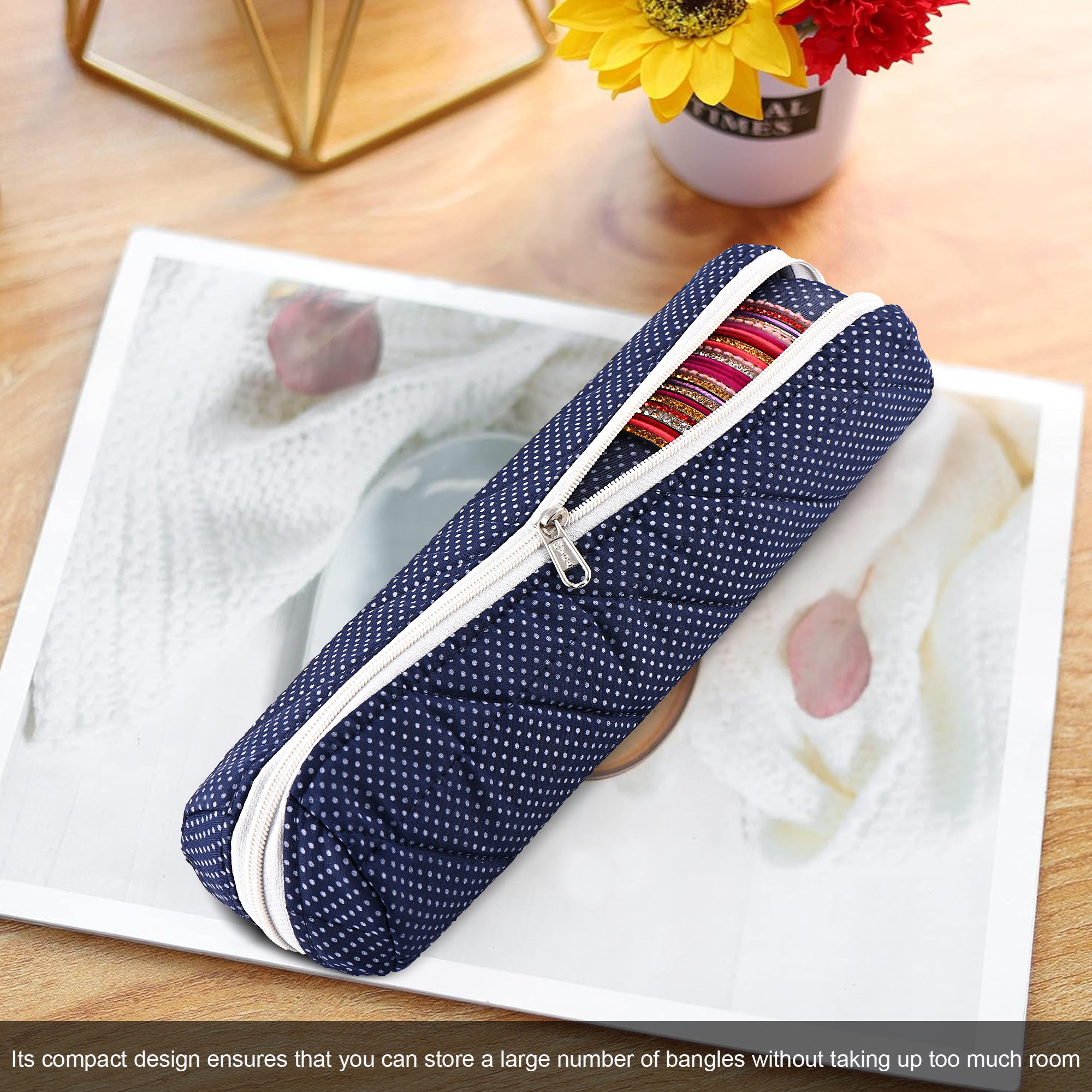 Kuber Industries Single-Rod Bangles Organisers Storage Box  Gold Jewellery Pouch  BraceletChudi Case Holder for Women  Polka Dots -Blue