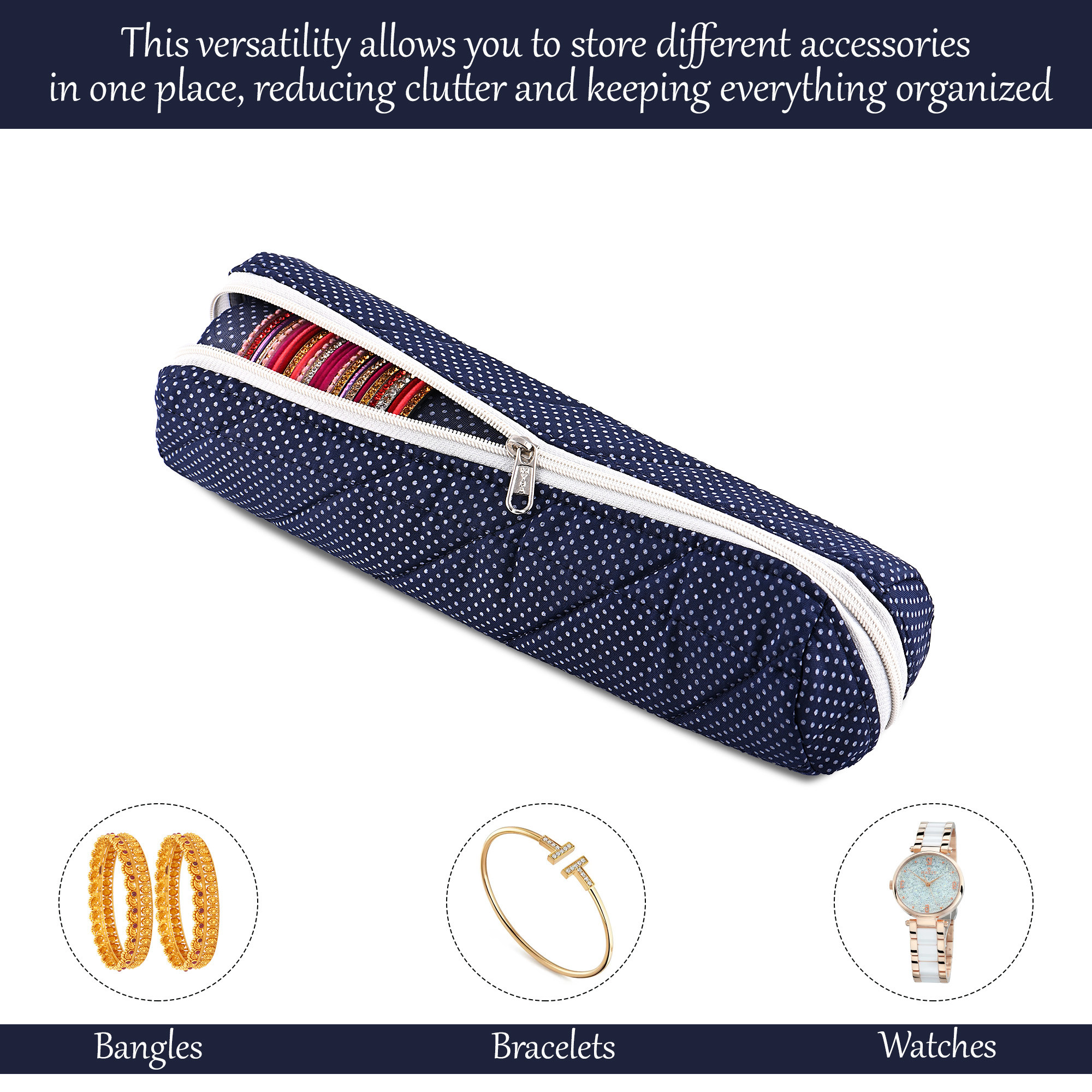 Kuber Industries Single-Rod Bangles Organisers Storage Box  Gold Jewellery Pouch  BraceletChudi Case Holder for Women  Polka Dots -Blue