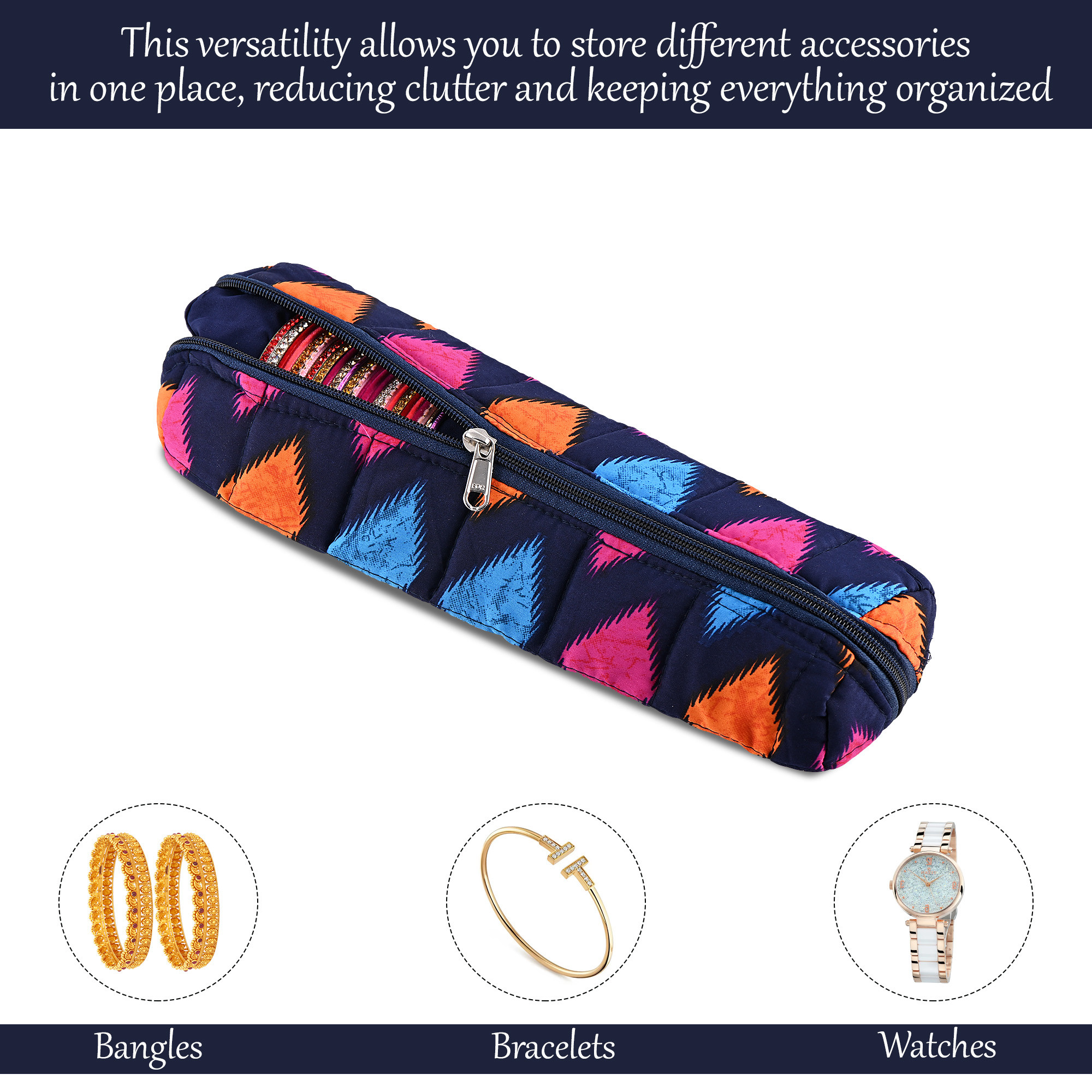 Kuber Industries Single-Rod Bangles Organisers Storage Box  Gold Jewellery Pouch  BraceletChudi Case Holder for Women  Printed - Blue