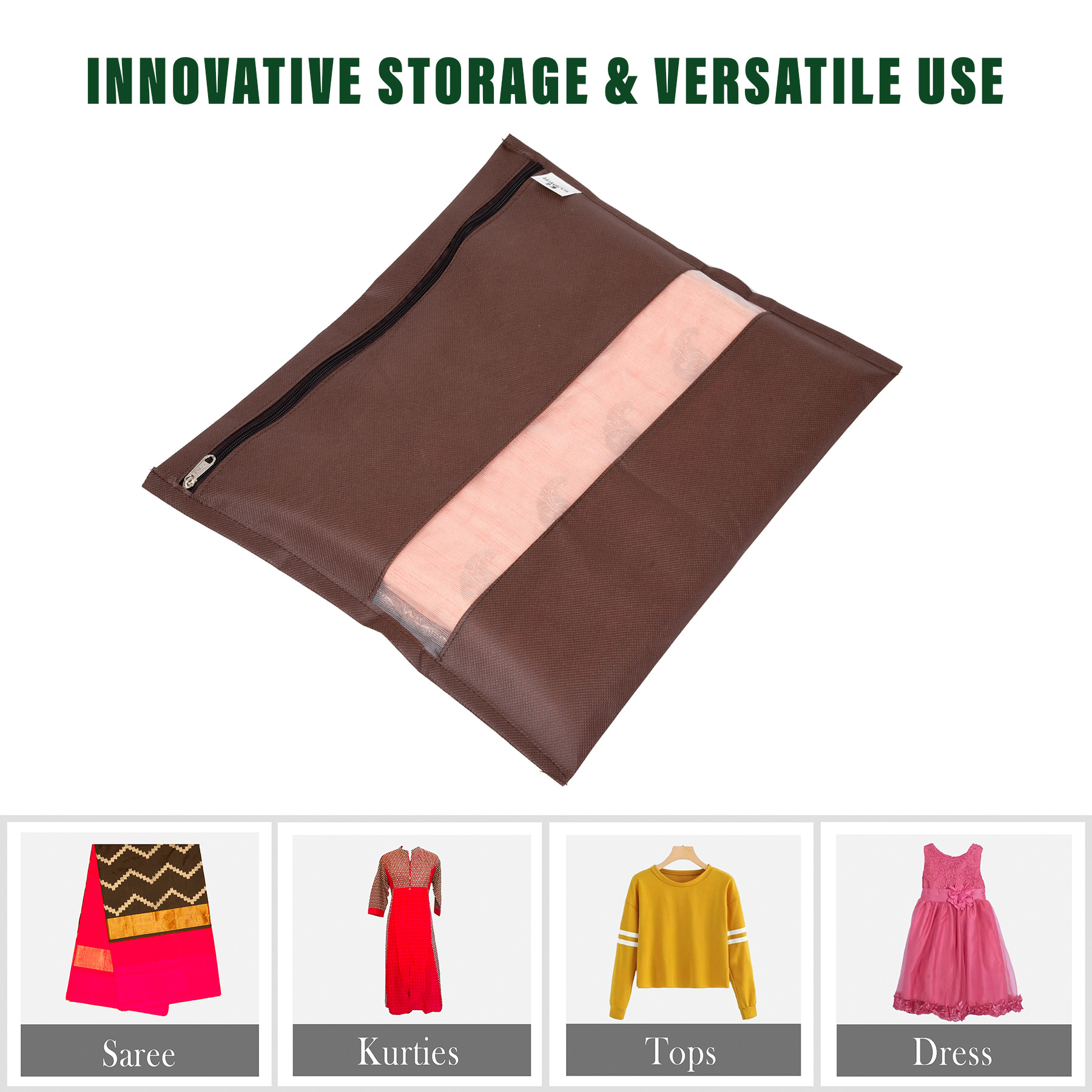 Kuber Industries Single Saree Bags | Clothes Bags for Storage | Non-Woven Wardrobe Organizer | Mesh Window Cloth Storage Bags Set | Single Packing Saree Bags | Plain | Brown
