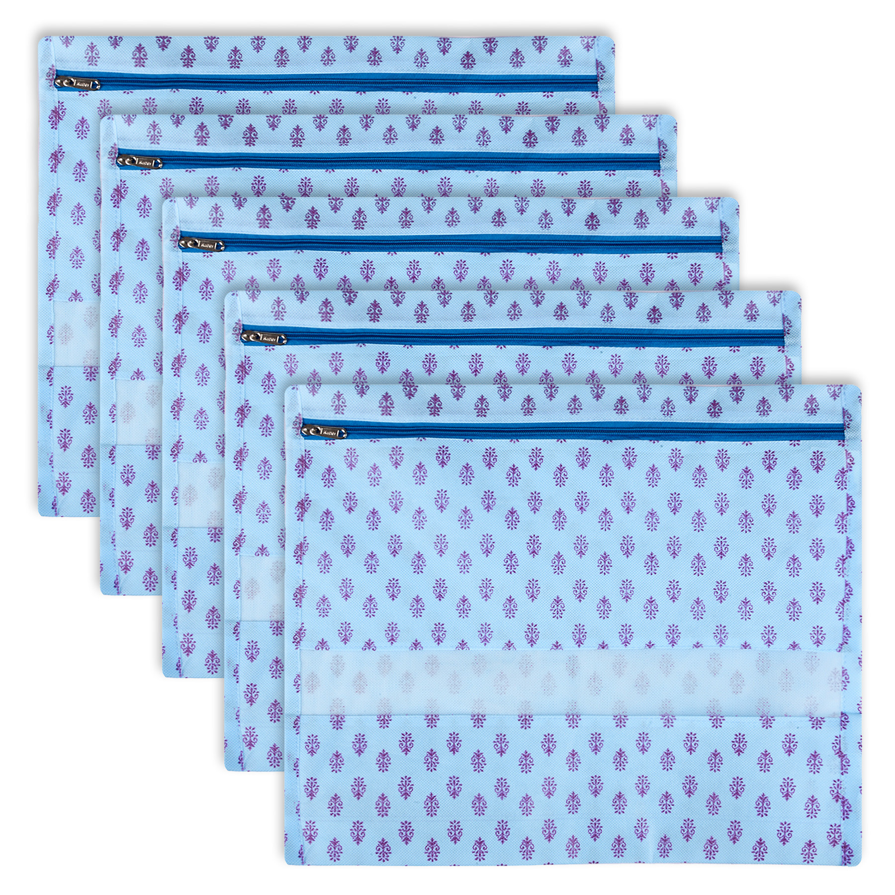 Kuber Industries Single Saree Bags | Clothes Bags for Storage | Non-Woven Wardrobe Organizer | Mesh Window Cloth Storage Bags Set | Single Packing Saree Bags | Floral-Print | Sky Blue