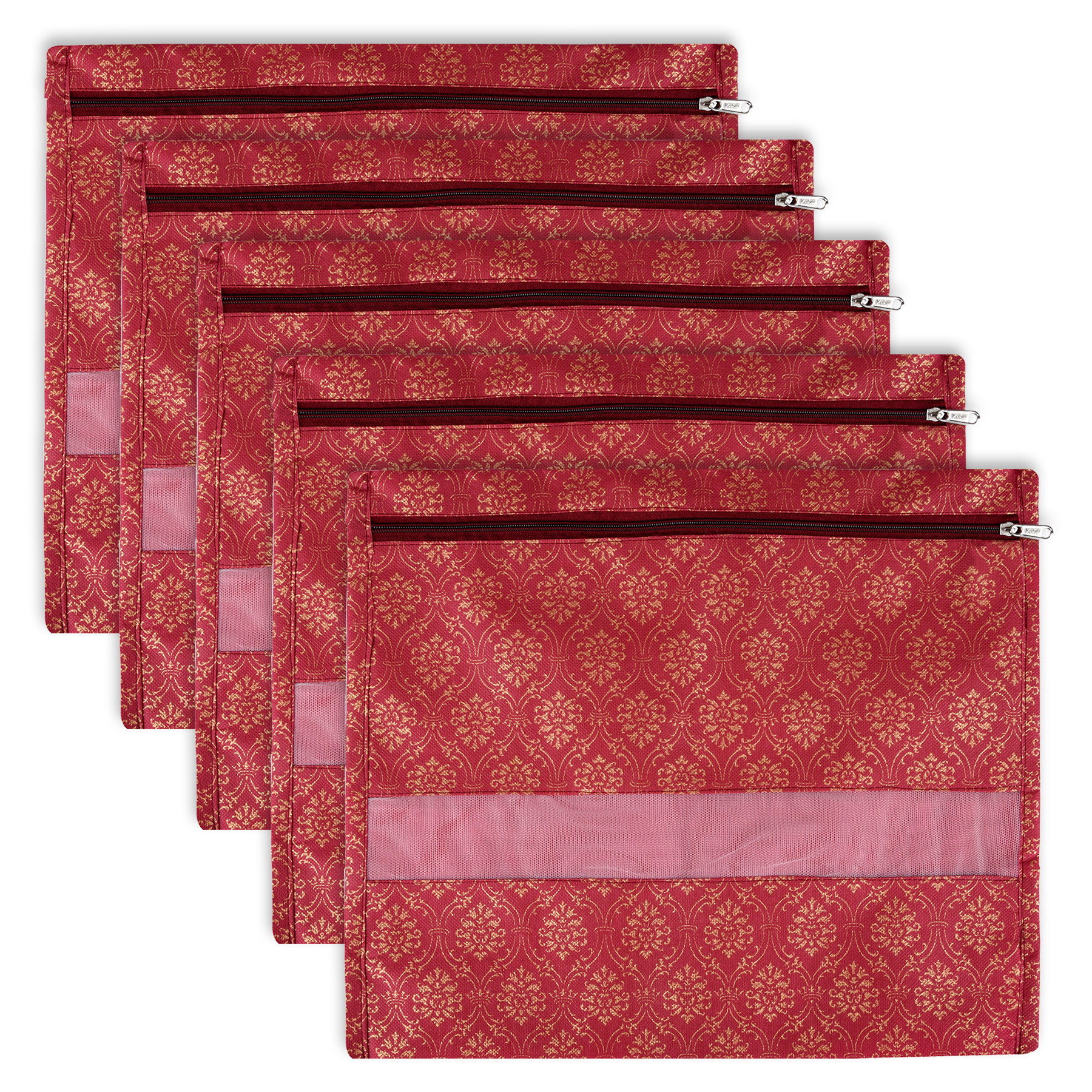Kuber Industries Single Saree Bags | Clothes Bags for Storage | Non-Woven Wardrobe Organizer | Mesh Window Cloth Storage Bags Set | Single Packing Saree Bags | Golden-Print | Maroon