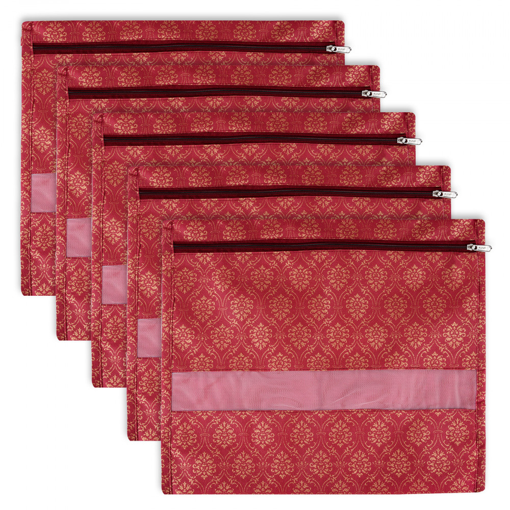 Kuber Industries Single Saree Bags | Clothes Bags for Storage | Non-Woven Wardrobe Organizer | Mesh Window Cloth Storage Bags Set | Single Packing Saree Bags | Golden-Print | Maroon