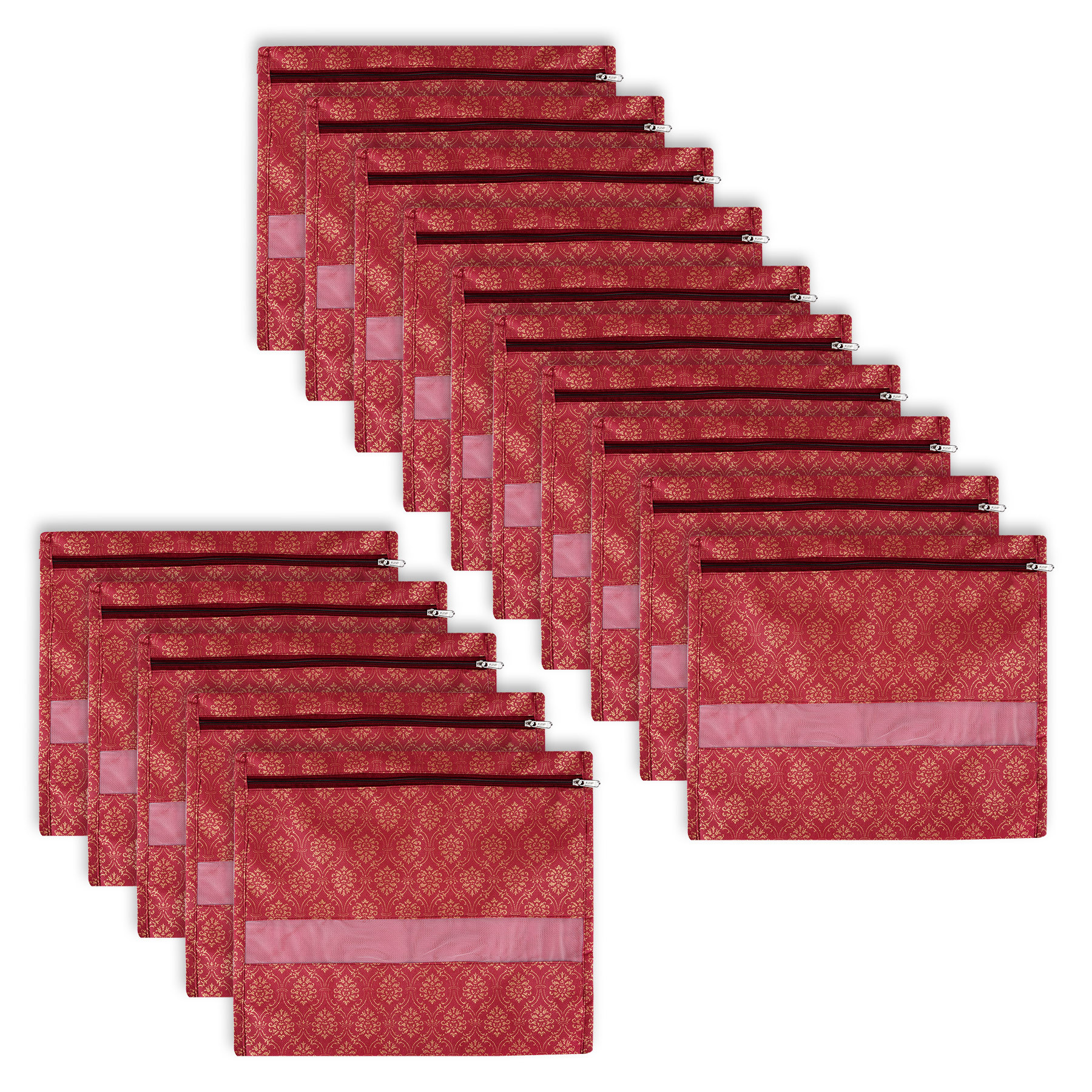 Kuber Industries Single Saree Bags | Clothes Bags for Storage | Non-Woven Wardrobe Organizer | Mesh Window Cloth Storage Bags Set | Single Packing Saree Bags | Golden-Print | Maroon