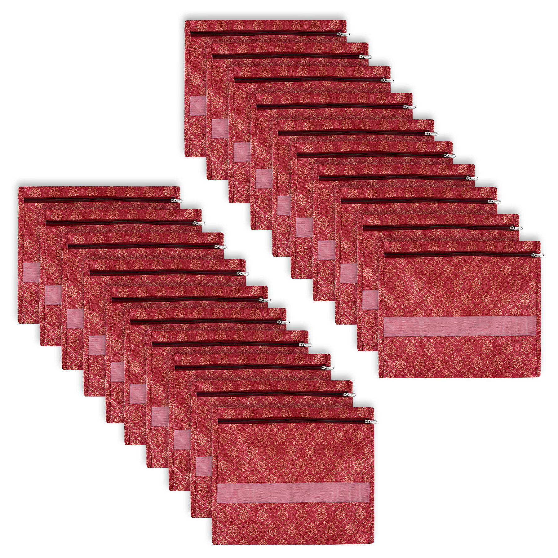 Kuber Industries Single Saree Bags | Clothes Bags for Storage | Non-Woven Wardrobe Organizer | Mesh Window Cloth Storage Bags Set | Single Packing Saree Bags | Golden-Print | Maroon