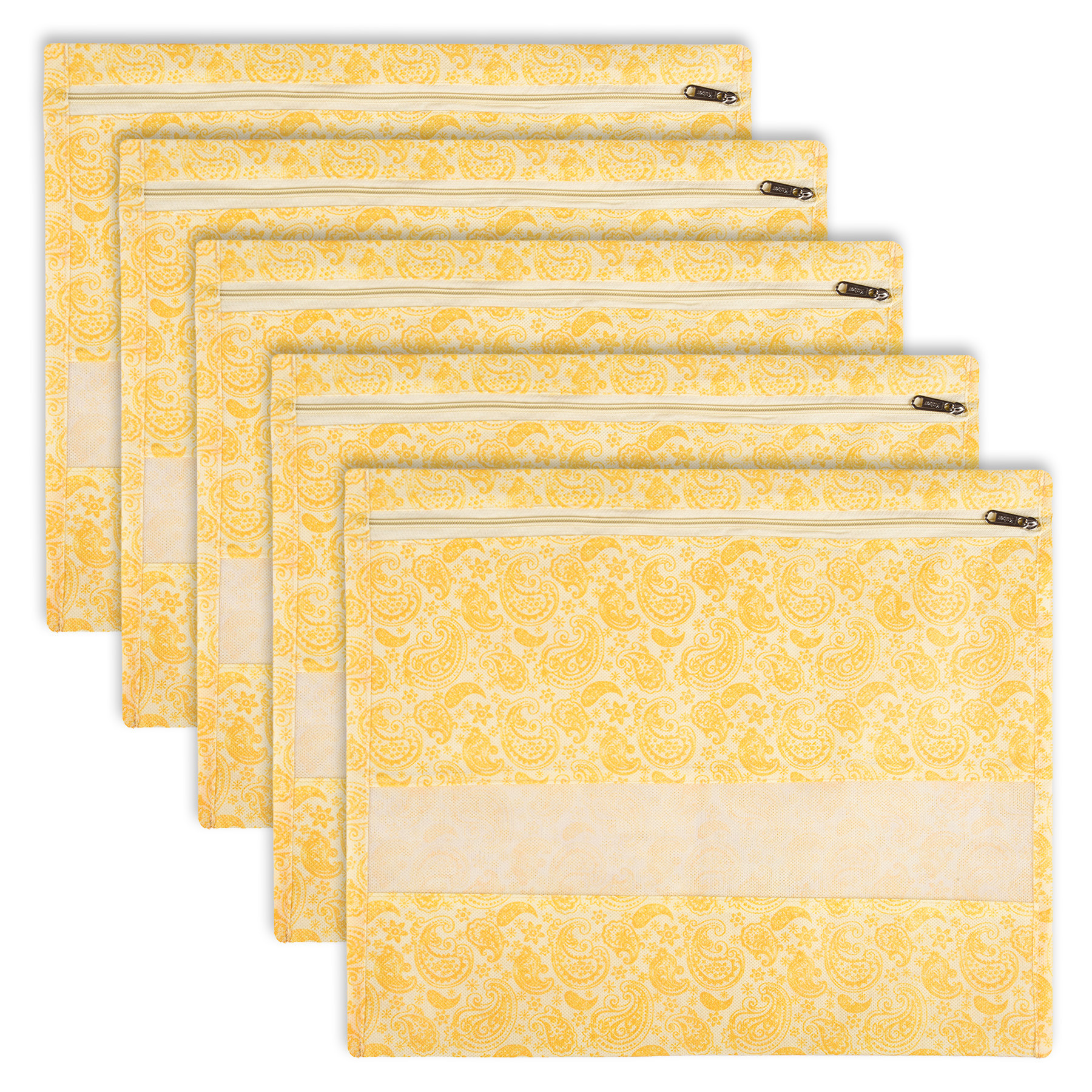 Kuber Industries Single Saree Bags | Clothes Bags for Storage | Non-Woven Wardrobe Organizer | Mesh Window Cloth Storage Bags Set | Single Packing Saree Bags | Carry-Print | Yellow
