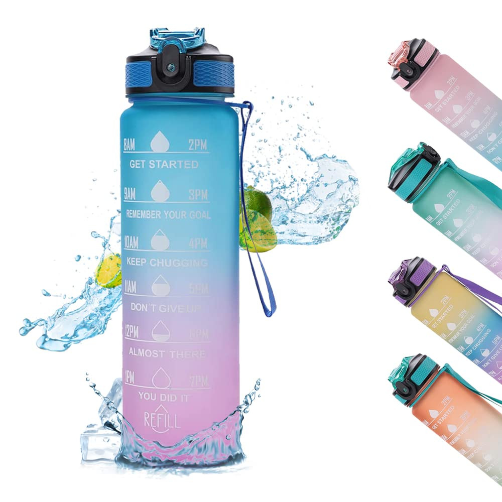 Kuber Industries Sipper Bottle 1 Litre I Motivational Water Bottle with Water Tracker &amp; Time Marker | Leakproof, BPA Free, Fitness Sports Bottle with Measurements (Gradient Blue &amp; Purple, 1 Piece)