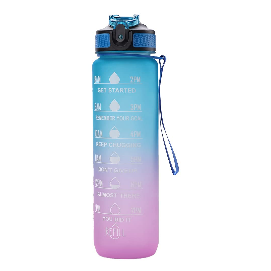 Kuber Industries Sipper Bottle 1 Litre I Motivational Water Bottle with Water Tracker & Time Marker | Leakproof, BPA Free, Fitness Sports Bottle with Measurements (Gradient Blue & Purple, 1 Piece)