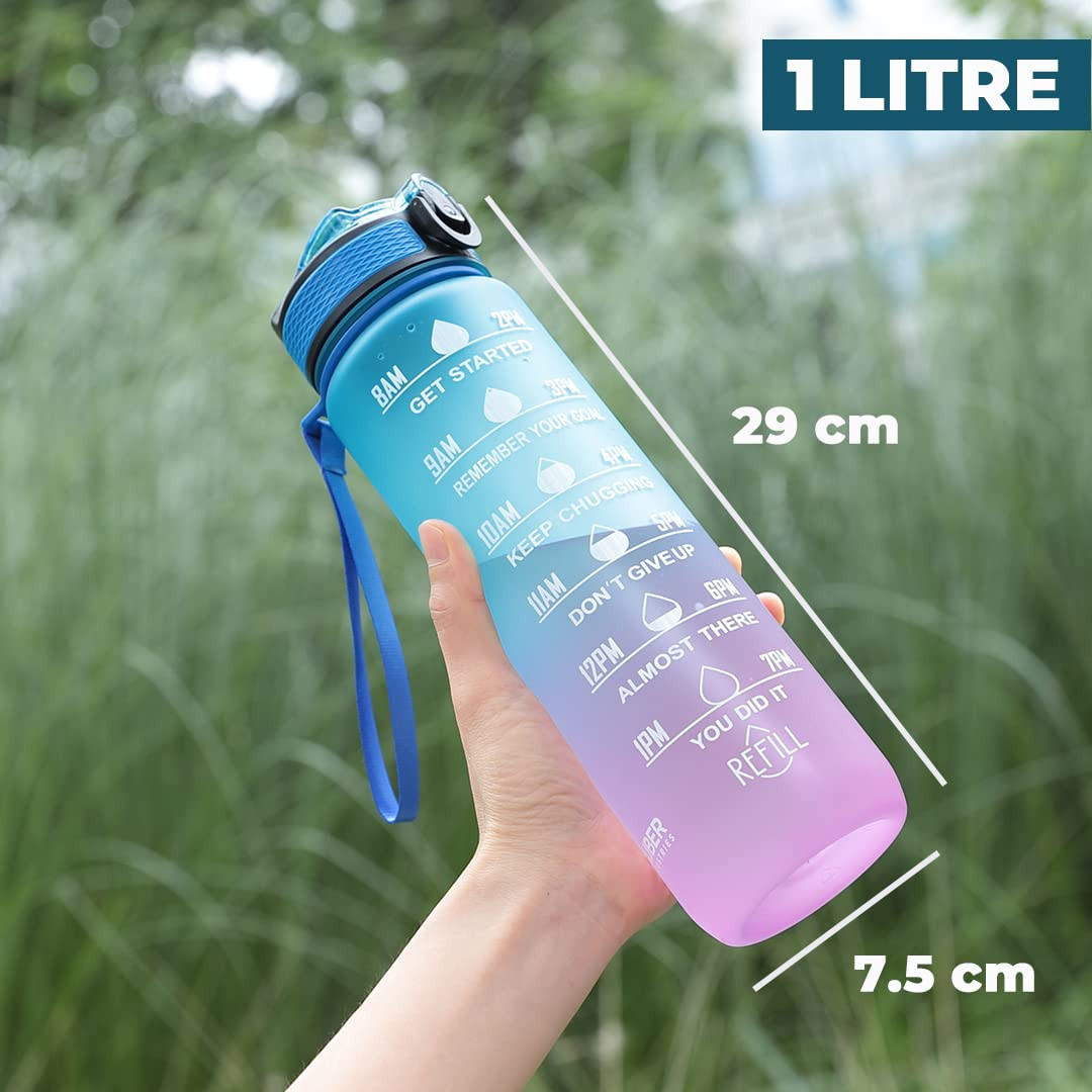 Kuber Industries Sipper Bottle 1 Litre I Motivational Water Bottle with Water Tracker & Time Marker | Leakproof, BPA Free, Fitness Sports Bottle with Measurements (Gradient Blue & Purple, 1 Piece)