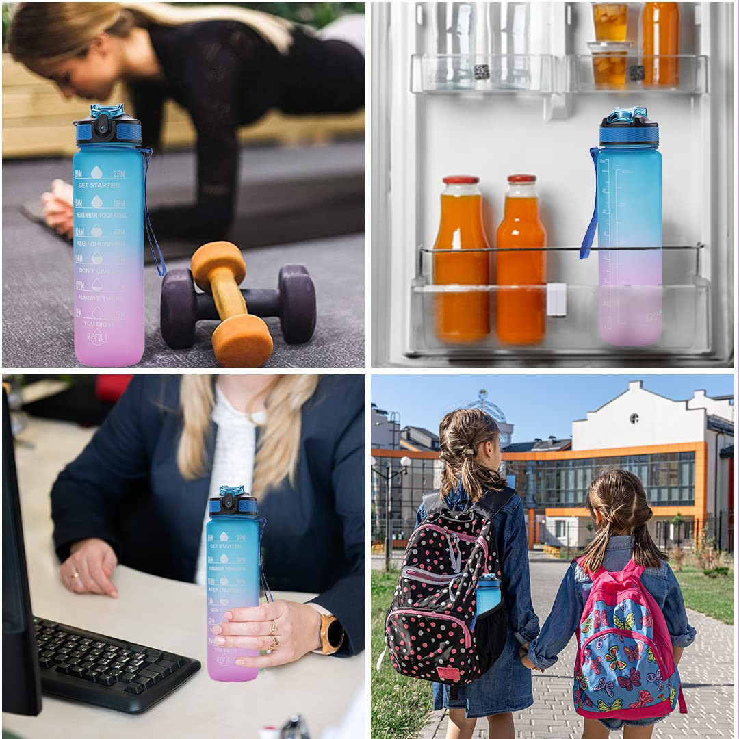 Kuber Industries Sipper Bottle 1 Litre I Motivational Water Bottle with Water Tracker & Time Marker | Leakproof, BPA Free, Fitness Sports Bottle with Measurements (Gradient Blue & Purple, 1 Piece)