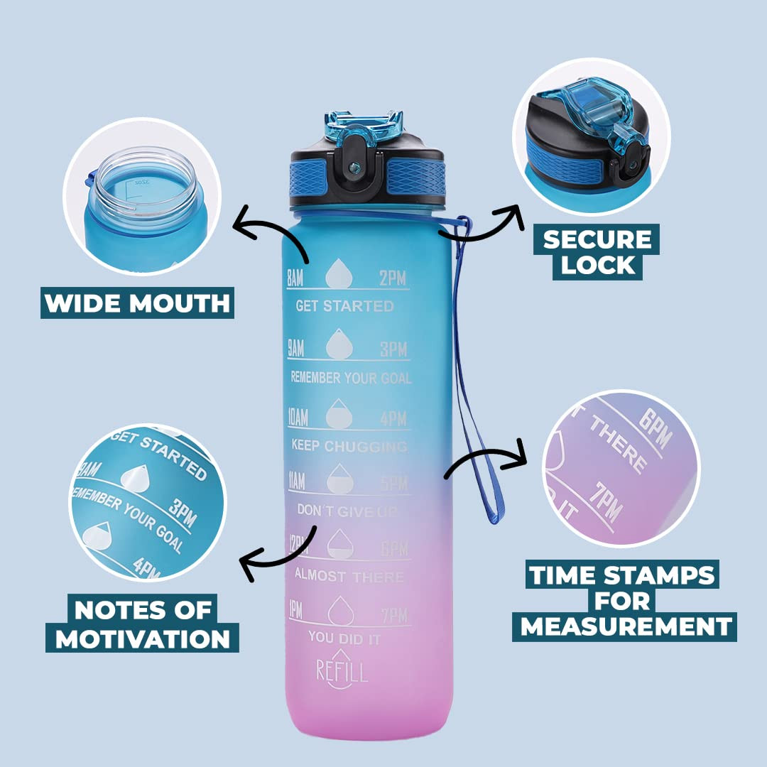 Kuber Industries Sipper Bottle 1 Litre I Motivational Water Bottle with Water Tracker & Time Marker | Leakproof, BPA Free, Fitness Sports Bottle with Measurements (Gradient Blue & Purple, 1 Piece)