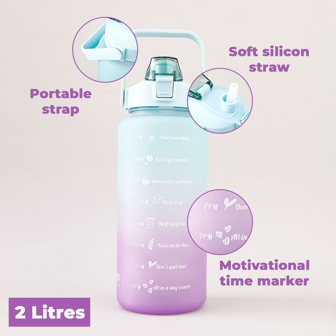 Kuber Industries Sipper Bottle 2 Litre I Motivational Water Bottle with Water Tracker & Time Marker | Leakproof, BPA Free, Fitness Sports Bottle with Measurements (Gradient Blue & Purple, 1 Piece)