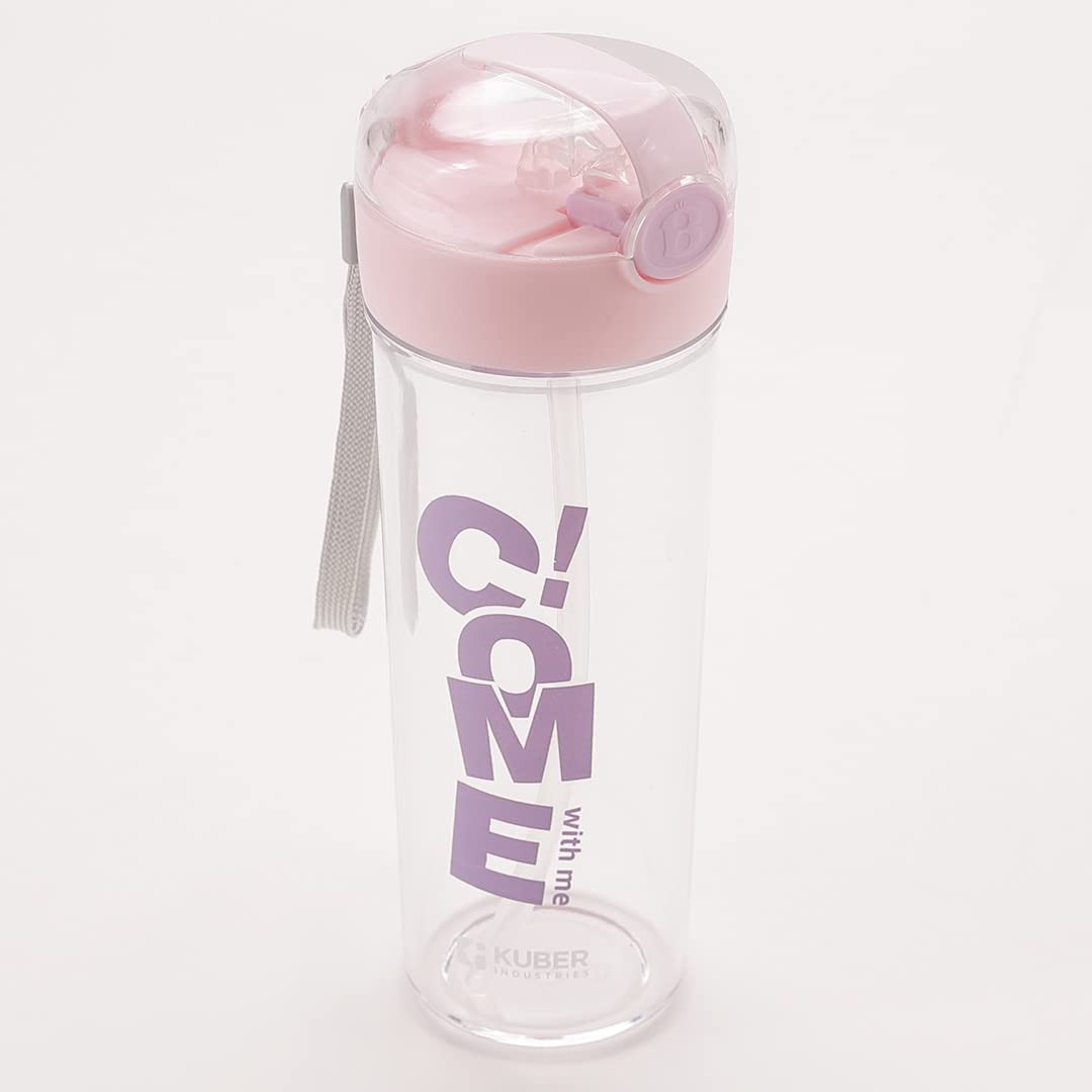 Kuber Industries Sipper Bottle with Straw for Kids,Tumbler Sipper Cup,Cute Water Bottle with Lid,Food Grade Plastic,One Click Open, Leak Proof, BPA Free,420 ml (Transparent with Pink Cap, Pack of 1)