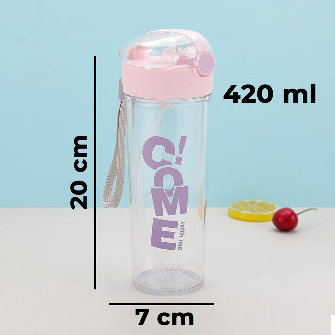 Kuber Industries Sipper Bottle with Straw for Kids,Tumbler Sipper Cup,Cute Water Bottle with Lid,Food Grade Plastic,One Click Open, Leak Proof, BPA Free,420 ml (Transparent with Pink Cap, Pack of 1)
