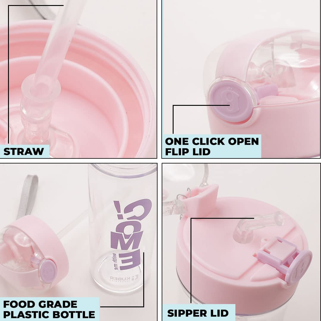 Kuber Industries Sipper Bottle with Straw for Kids,Tumbler Sipper Cup,Cute Water Bottle with Lid,Food Grade Plastic,One Click Open, Leak Proof, BPA Free,420 ml (Transparent with Pink Cap, Pack of 1)