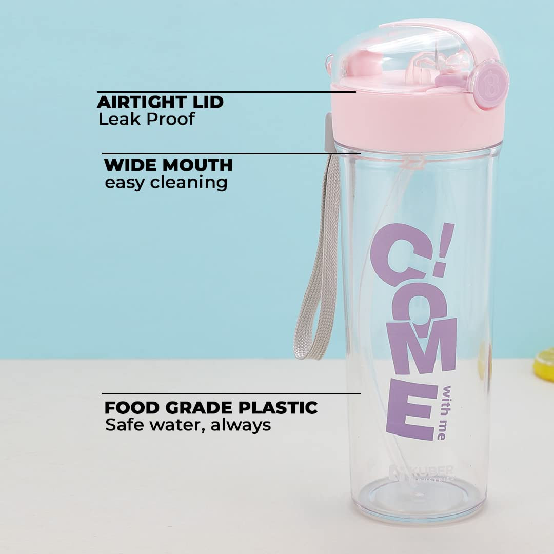 Kuber Industries Sipper Bottle with Straw for Kids,Tumbler Sipper Cup,Cute Water Bottle with Lid,Food Grade Plastic,One Click Open, Leak Proof, BPA Free,420 ml (Transparent with Pink Cap, Pack of 1)