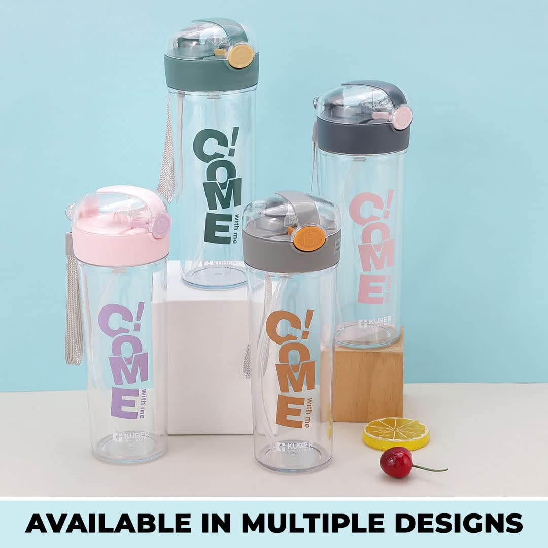 Kuber Industries Sipper Bottle with Straw for Kids,Tumbler Sipper Cup,Cute Water Bottle with Lid,Food Grade Plastic,One Click Open, Leak Proof, BPA Free,420 ml (Transparent with Pink Cap, Pack of 1)