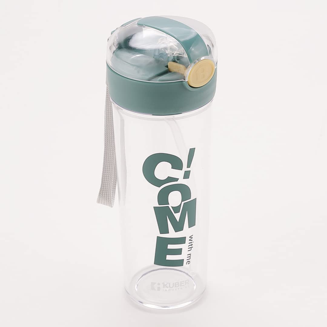 Kuber Industries Sipper Bottle with Straw for Kids,Tumbler Sipper Cup,Cute Water Bottle with Lid,Food Grade Plastic,One Click Open,Leak Proof,BPA Free, 420 ml (Transparent with Green Cap, Pack of 1)