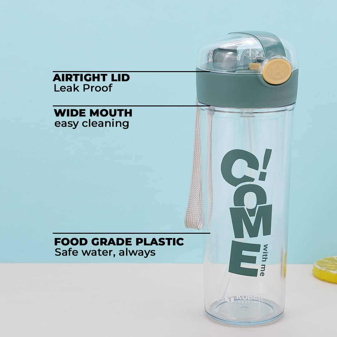 Kuber Industries Sipper Bottle with Straw for Kids,Tumbler Sipper Cup,Cute Water Bottle with Lid,Food Grade Plastic,One Click Open,Leak Proof,BPA Free, 420 ml (Transparent with Green Cap, Pack of 1)
