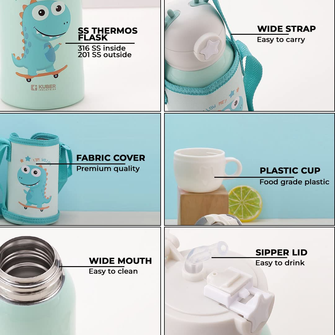 Kuber Industries Sipper Water Bottle for Kids, Vacuum Insulated Stainless Steel Flask with Straw, Cup & Holder Bag, Double Walled Flask, Leak Proof, BPA Free, 500 ml (Pack of 1)