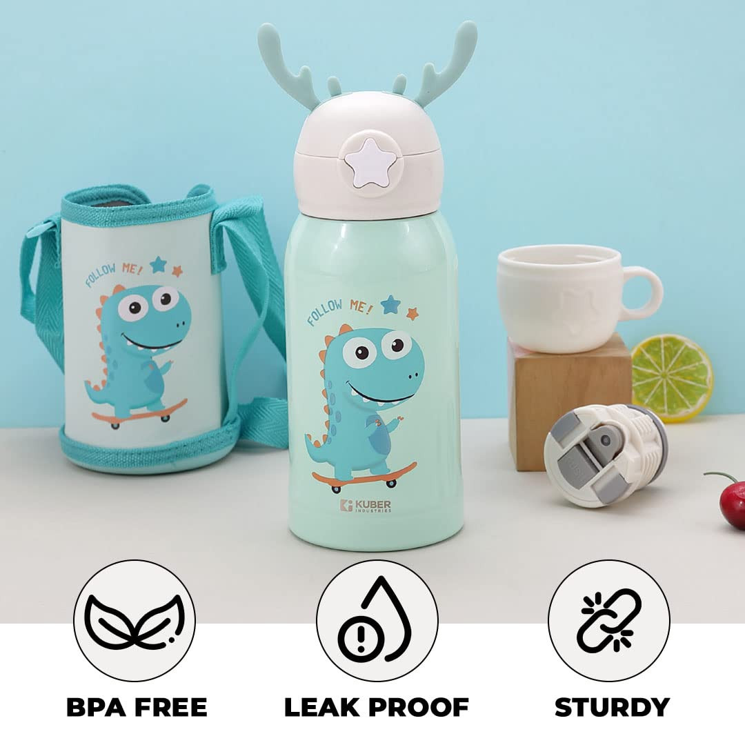 Kuber Industries Sipper Water Bottle for Kids, Vacuum Insulated Stainless Steel Flask with Straw, Cup & Holder Bag, Double Walled Flask, Leak Proof, BPA Free, 500 ml (Pack of 1)