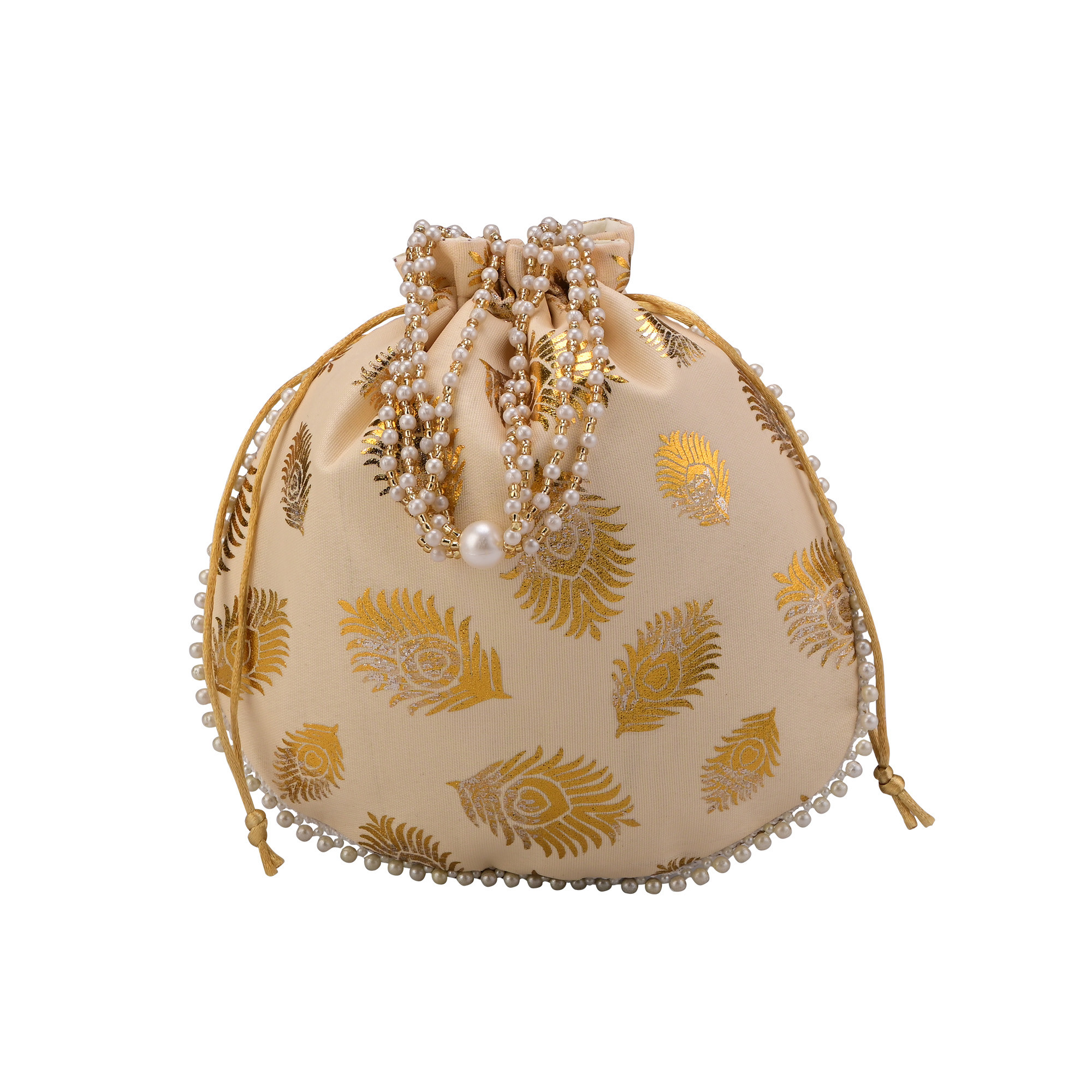 Kuber Industries Slik Potli Bags for Women  Wedding Return Gift Potli with Beads Handle  Ladies Potli Pouches for Party Birthday Shagun  Jewellery Pouch  Mor Phank Design - Golden