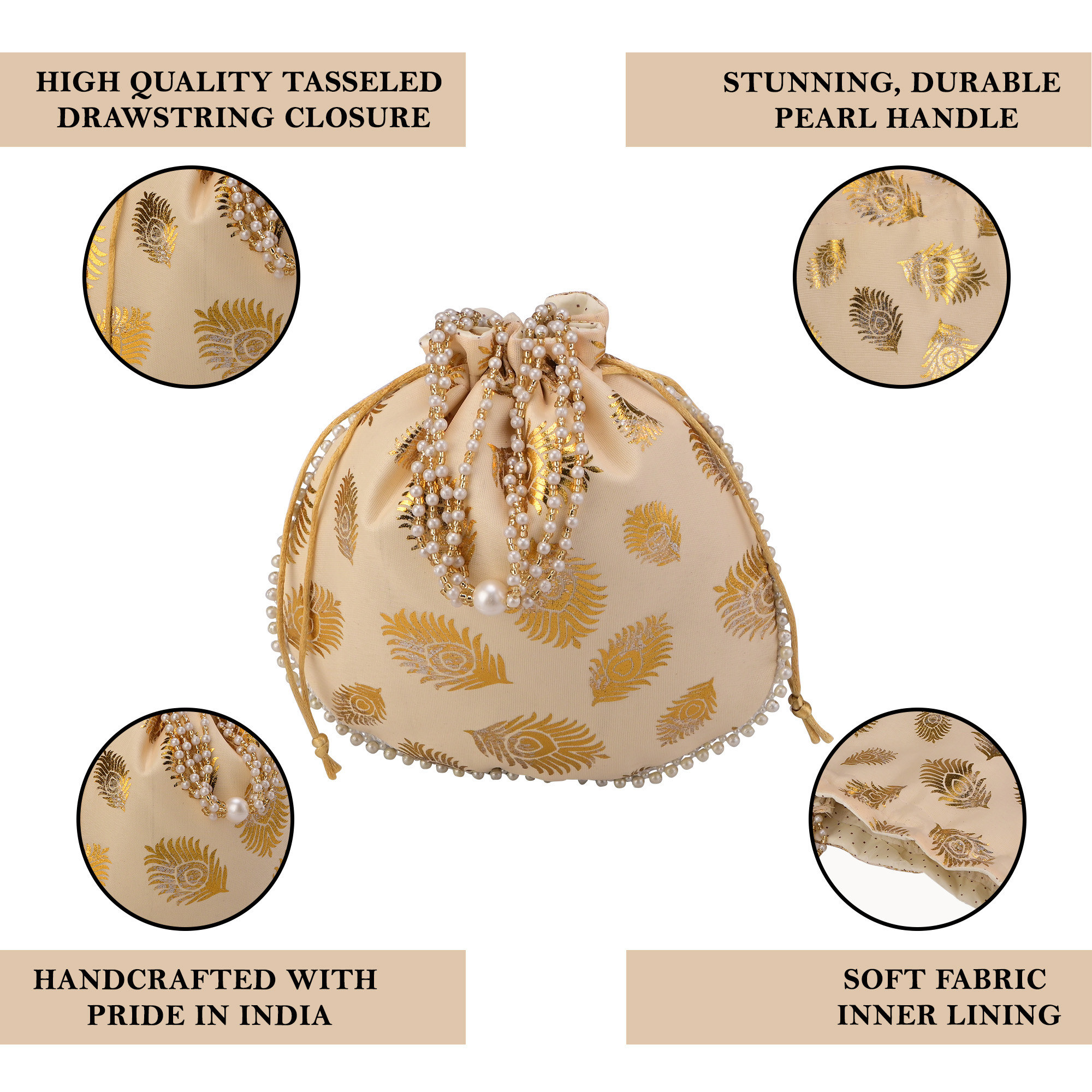 Kuber Industries Slik Potli Bags for Women  Wedding Return Gift Potli with Beads Handle  Ladies Potli Pouches for Party Birthday Shagun  Jewellery Pouch  Mor Phank Design - Golden
