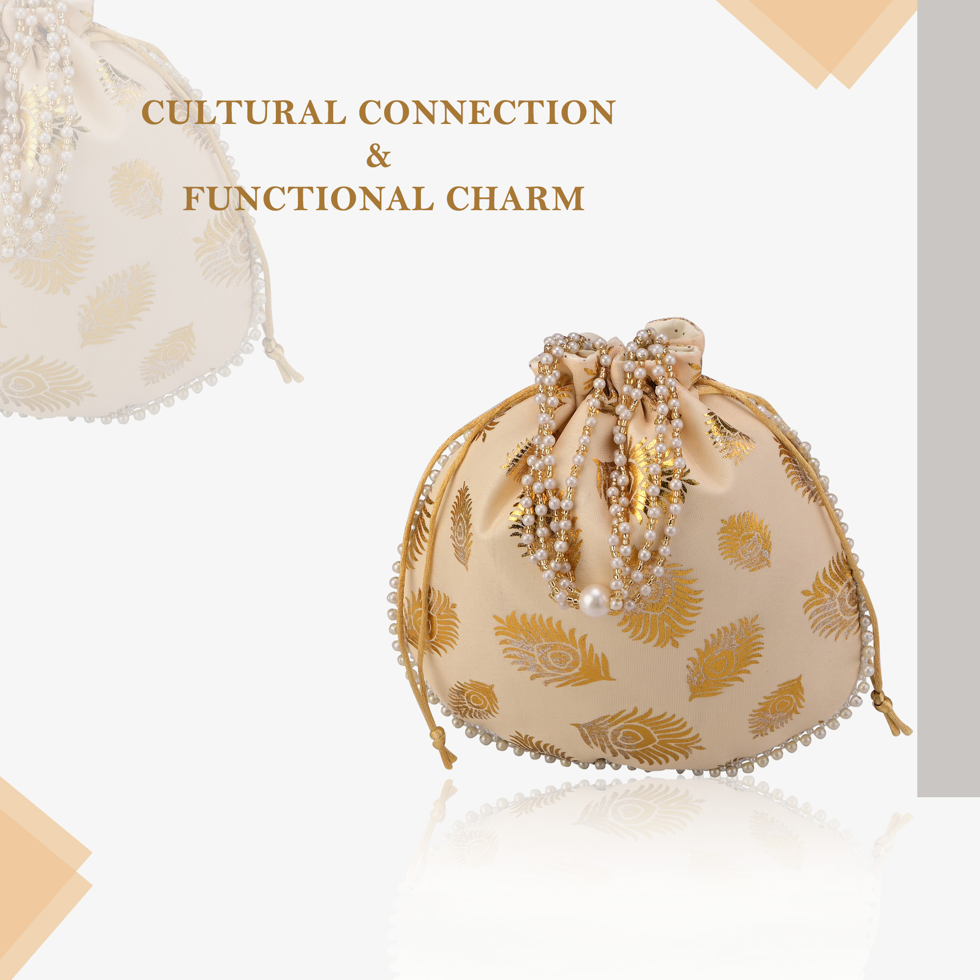 Kuber Industries Slik Potli Bags for Women  Wedding Return Gift Potli with Beads Handle  Ladies Potli Pouches for Party Birthday Shagun  Jewellery Pouch  Mor Phank Design - Golden