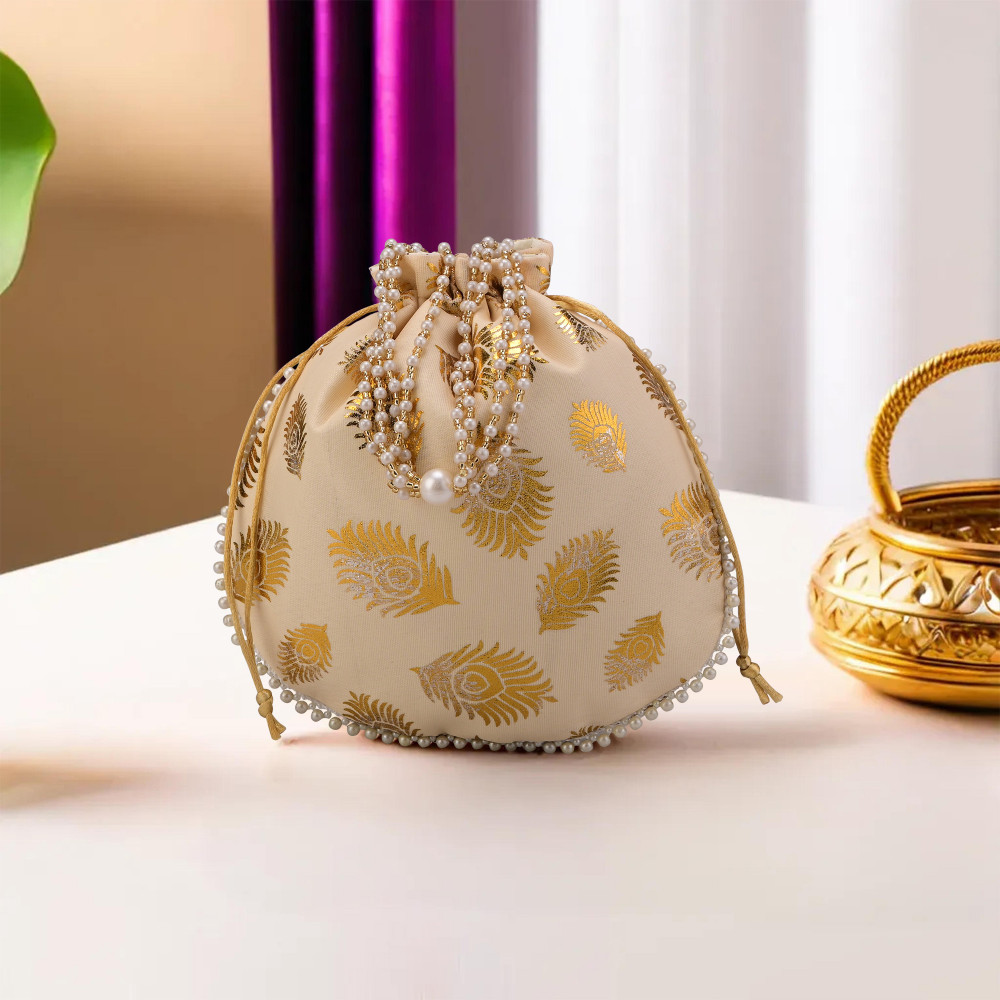 Image of Kuber Industries Slik Potli Bags for Women | Wedding Return Gift Potli with Beads Handle | Ladies Potli Pouches for Party, Birthday, Shagun | Jewellery Pouch | Mor Phank Design - Golden