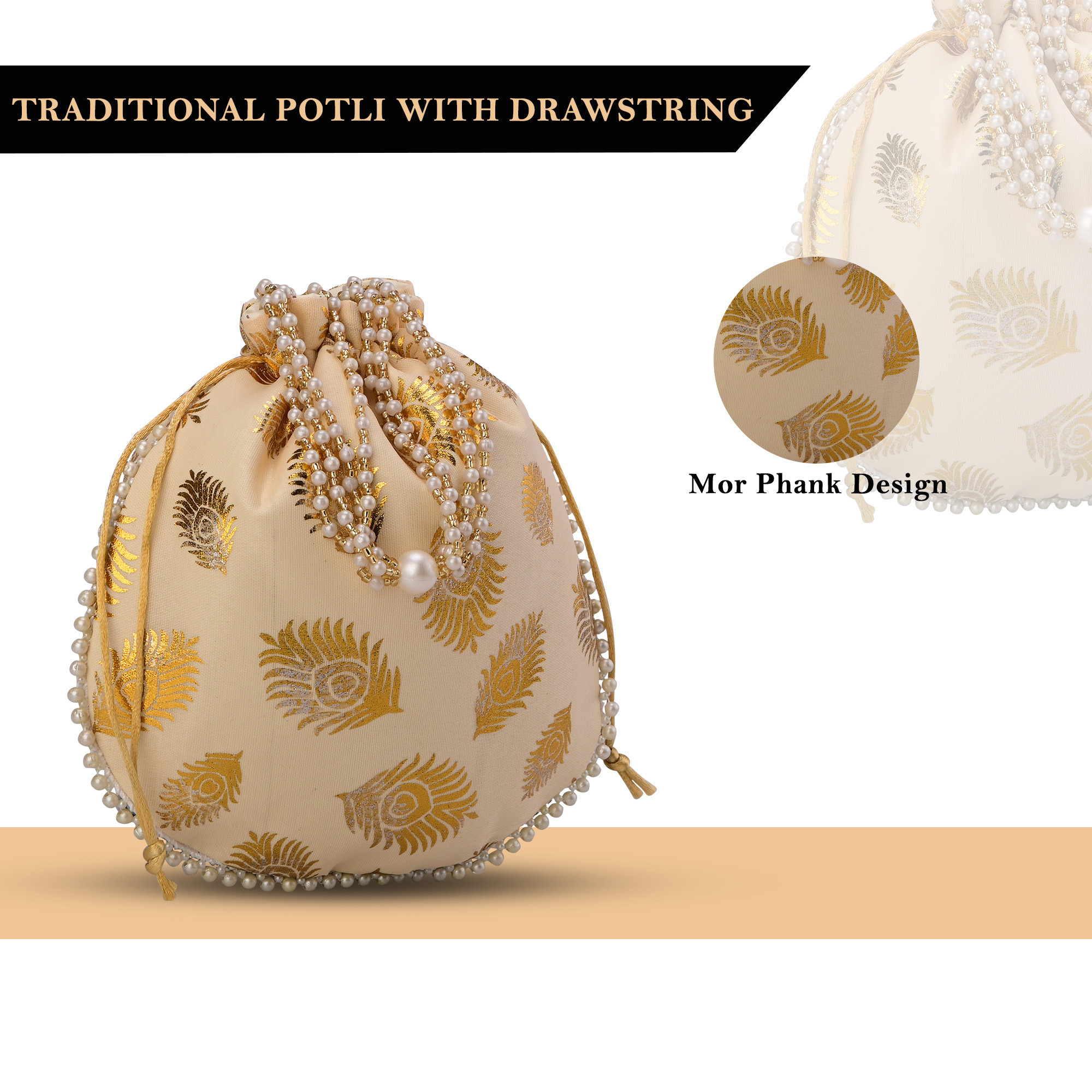 Kuber Industries Slik Potli Bags for Women  Wedding Return Gift Potli with Beads Handle  Ladies Potli Pouches for Party Birthday Shagun  Jewellery Pouch  Mor Phank Design - Golden