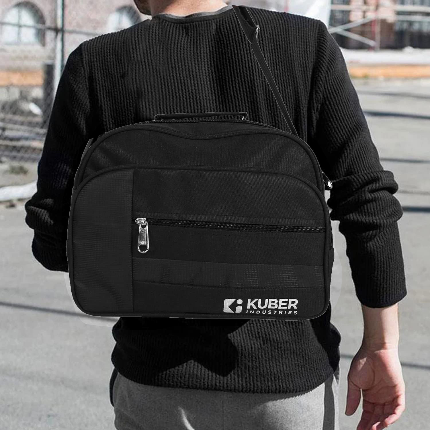 Kuber Industries Sling Bag|Canvas Adjustable Strap 4 Compartment Crossbody Bag|Sling Bag For Men|Sling Bags For Women|1 Inside Zip Pocket for Travel & Office (Black)