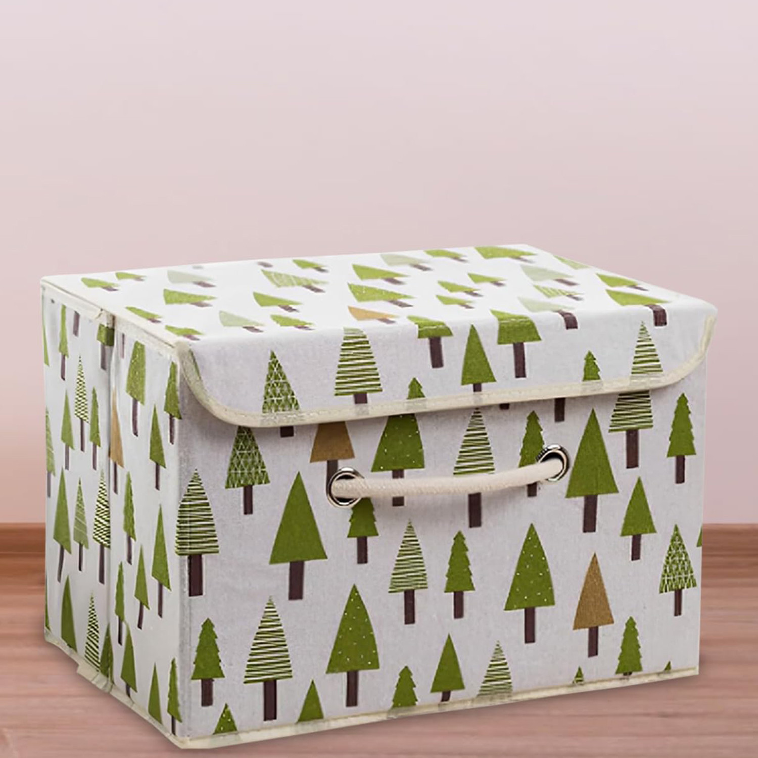 Kuber Industries Small Foldable Storage Box With Lid|Toys Storage Bin|Wardrobe Organizer For clothes|Front Handle & Sturdy (Green)
